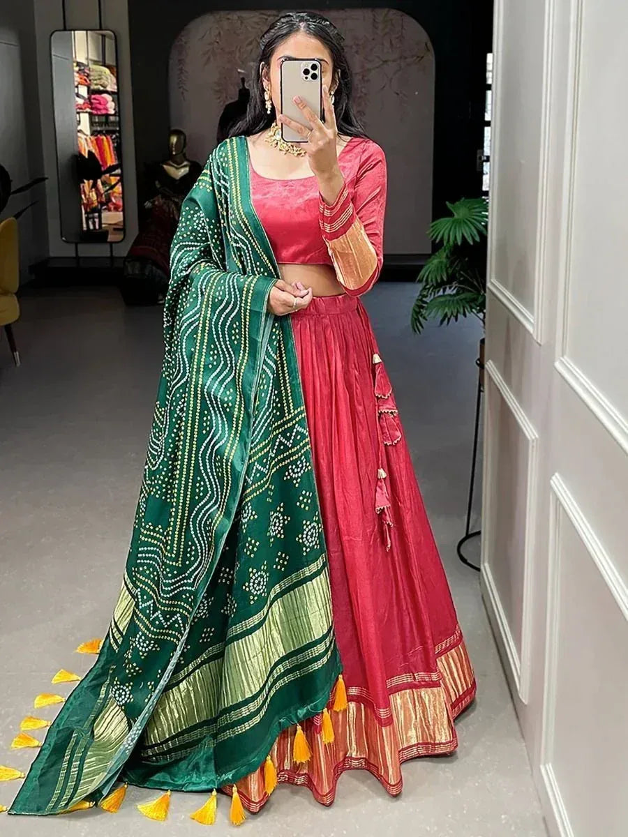 Red lehenga choli with green printed dupatta, ethnic Indian wear for women