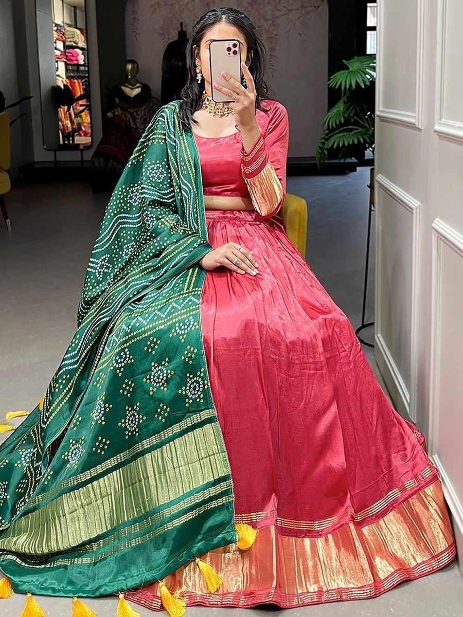 Adorable Coral Red Gaji Silk Sangeet Wear Lehenga Choli With Dupatta