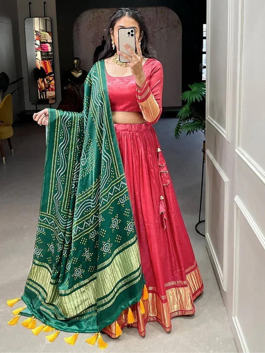 Red lehenga choli with green embroidered dupatta, ethnic Indian wear for women
