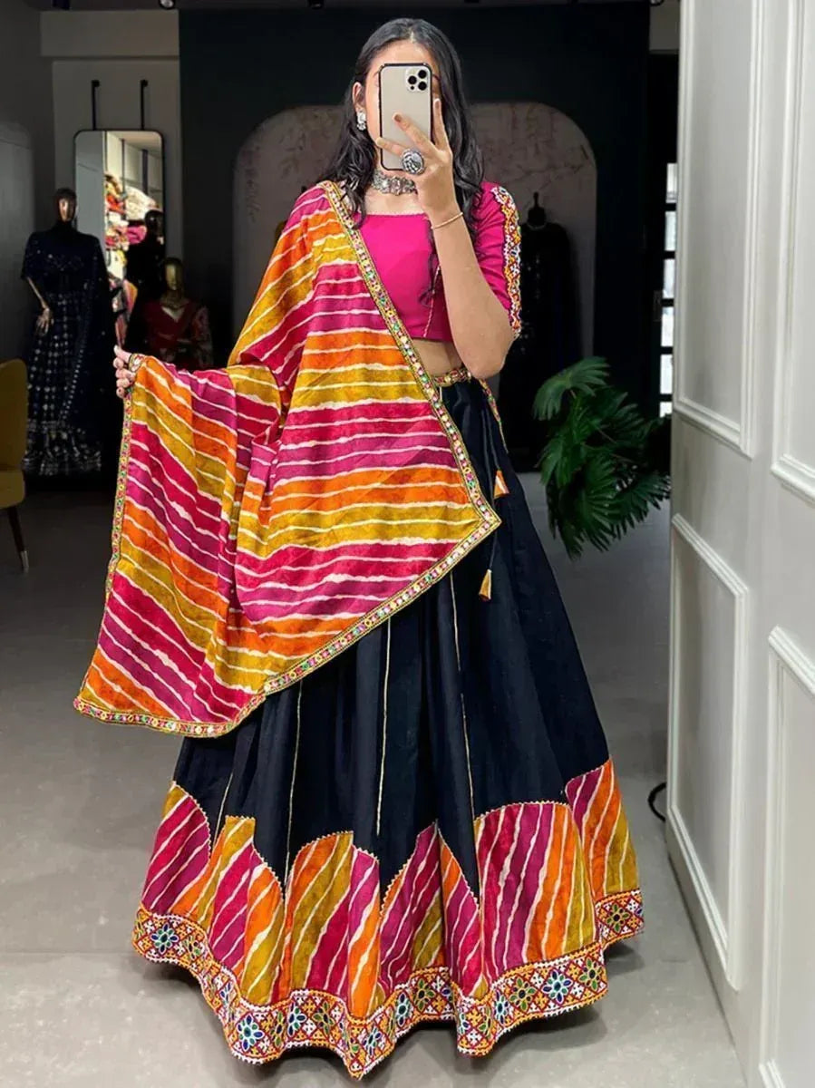 Vibrant striped lehenga choli with embroidered dupatta, perfect for Indian ethnic occasions