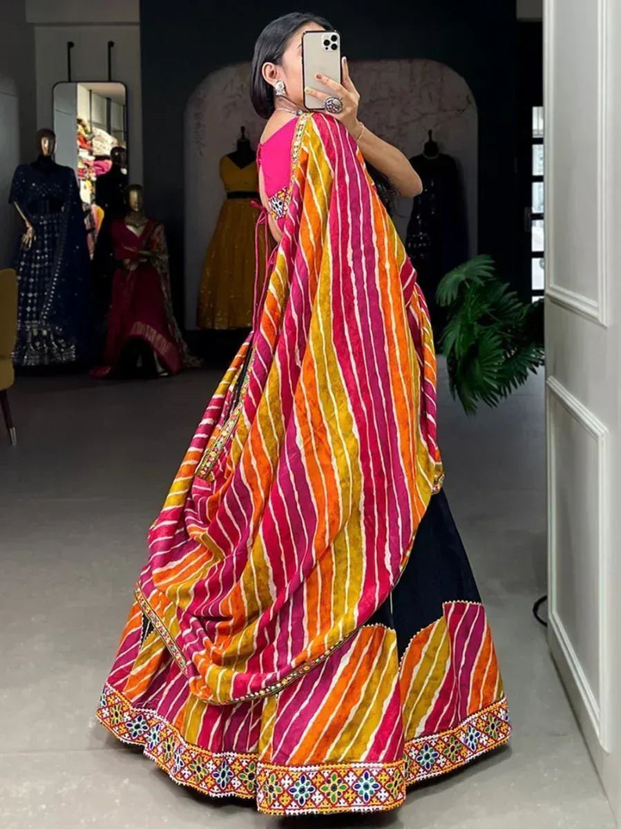 Vibrant striped lehenga choli with embroidered border, perfect for Indian ethnic wear occasions