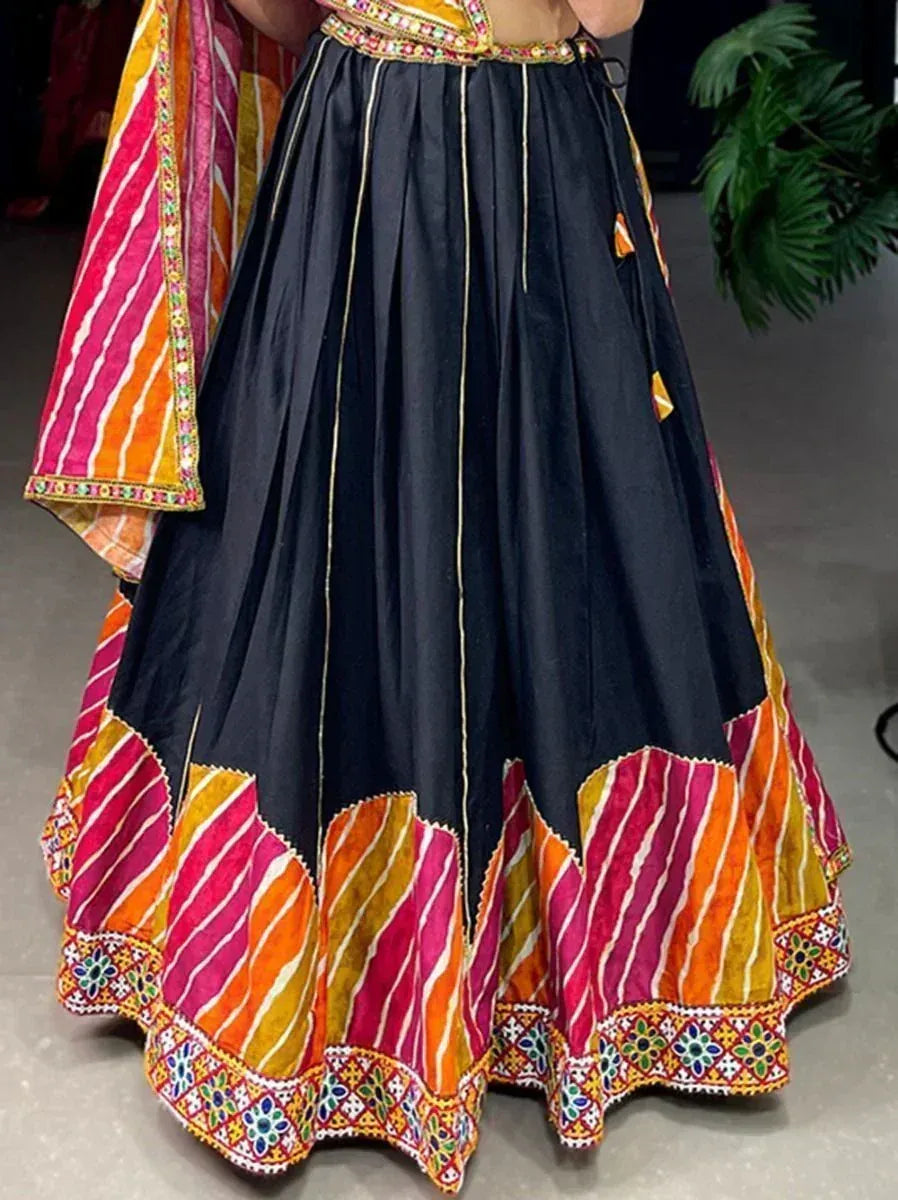 Black lehenga with colorful striped border and embroidery, Indian ethnic wear