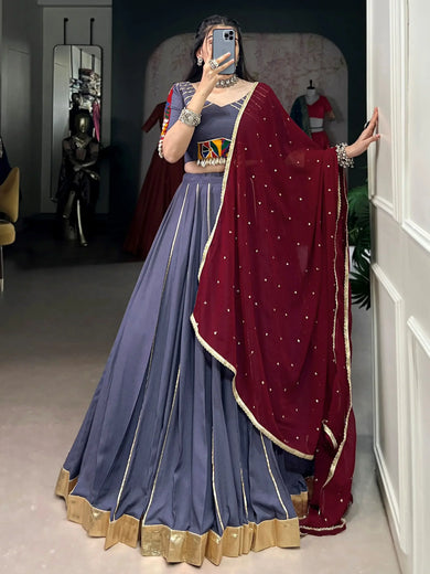 Rich Grey Rayon Mirror Work Traditional Lehenga Choli With Dupatta