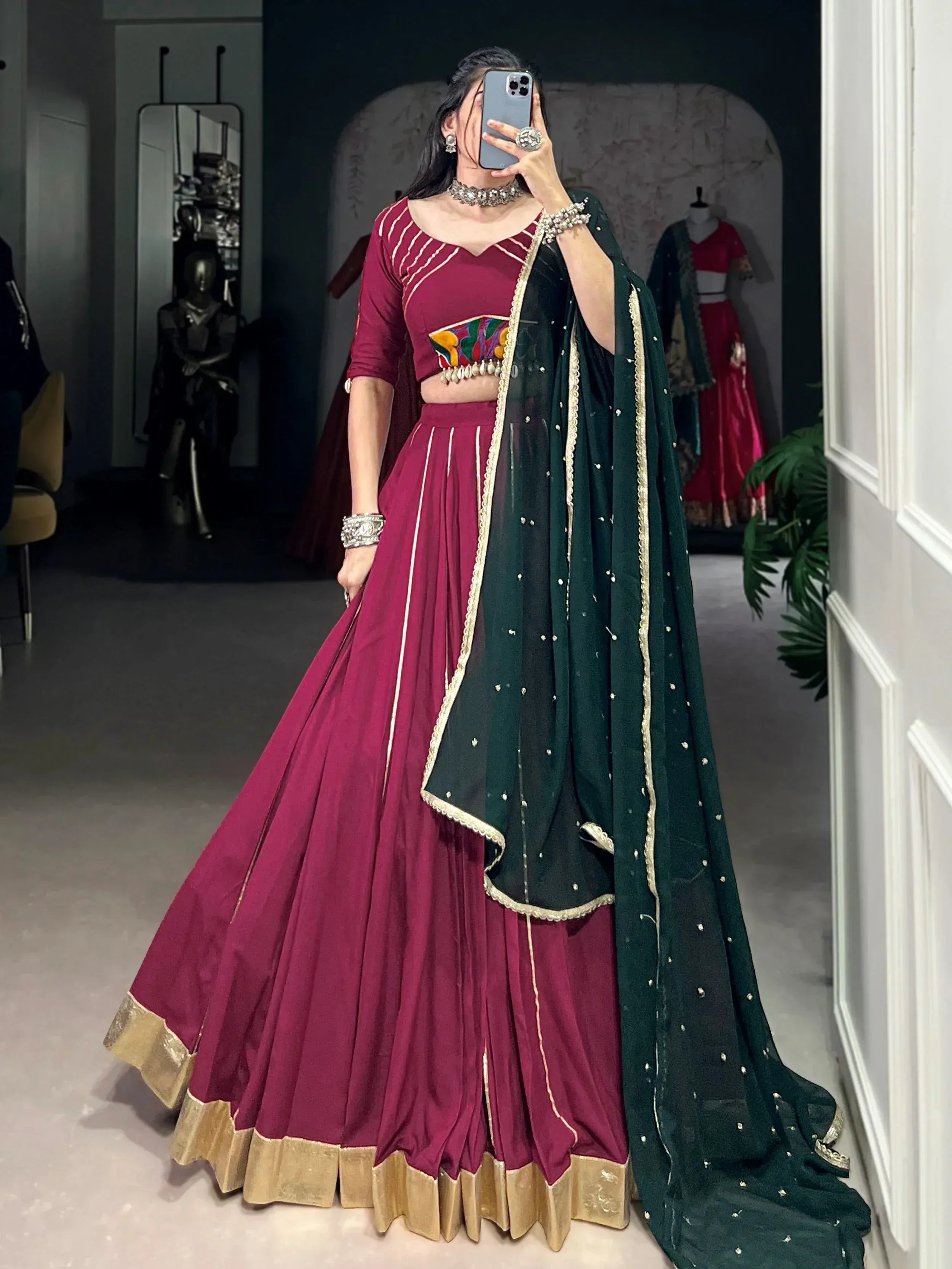 Maroon lehenga choli with green dupatta, ethnic Indian wear for weddings and parties