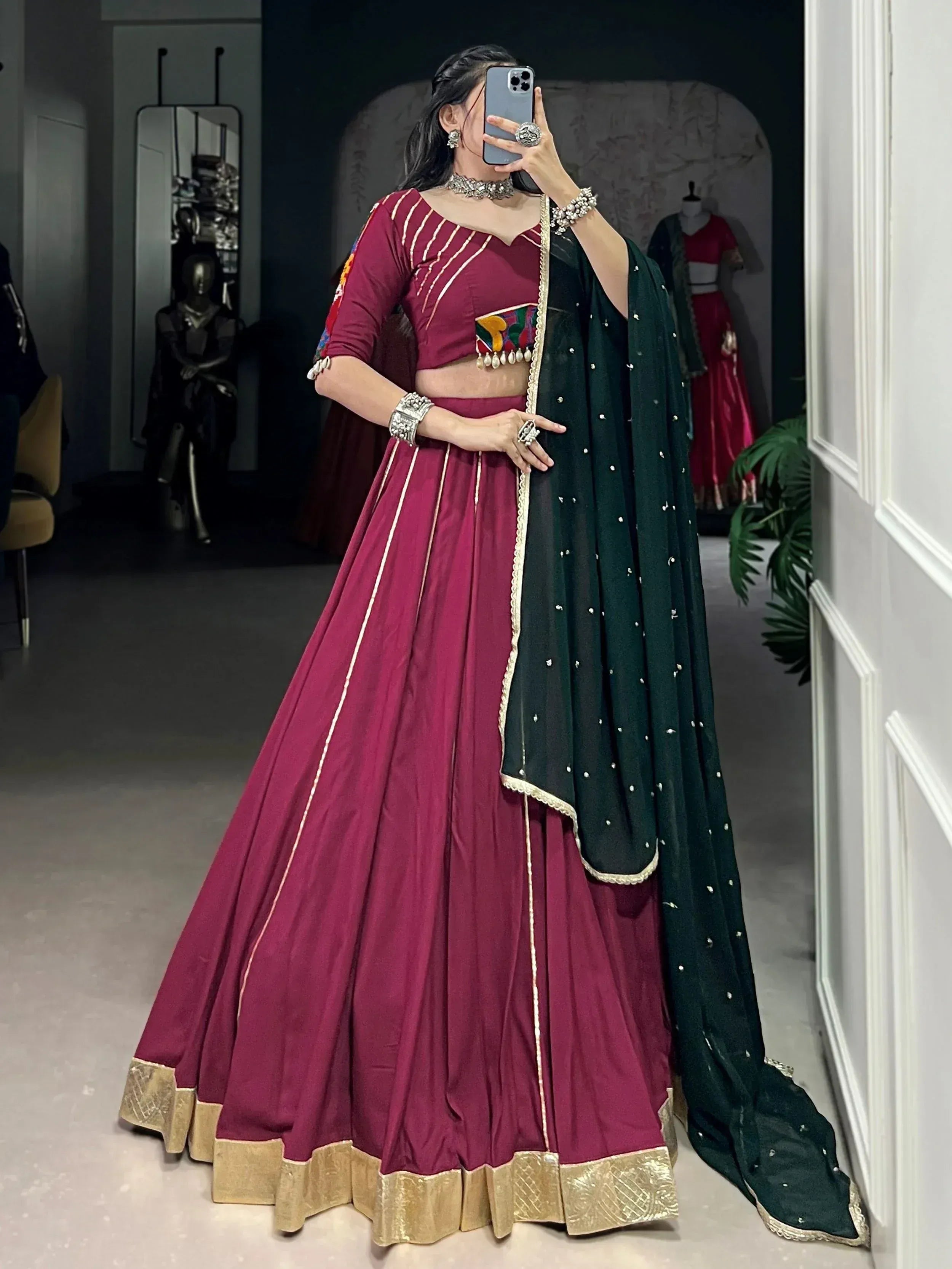 Maroon lehenga choli with gold trim and green dupatta, Indian ethnic wear for women