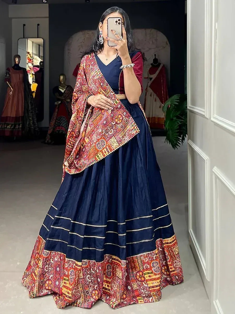 Navy blue lehenga choli with vibrant printed dupatta, ethnic Indian wear for women