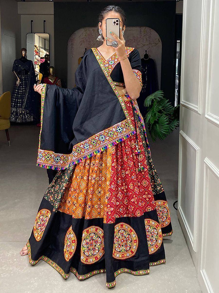 Black and multicolor embroidered lehenga choli with mirror work, perfect for Indian ethnic wear occasions