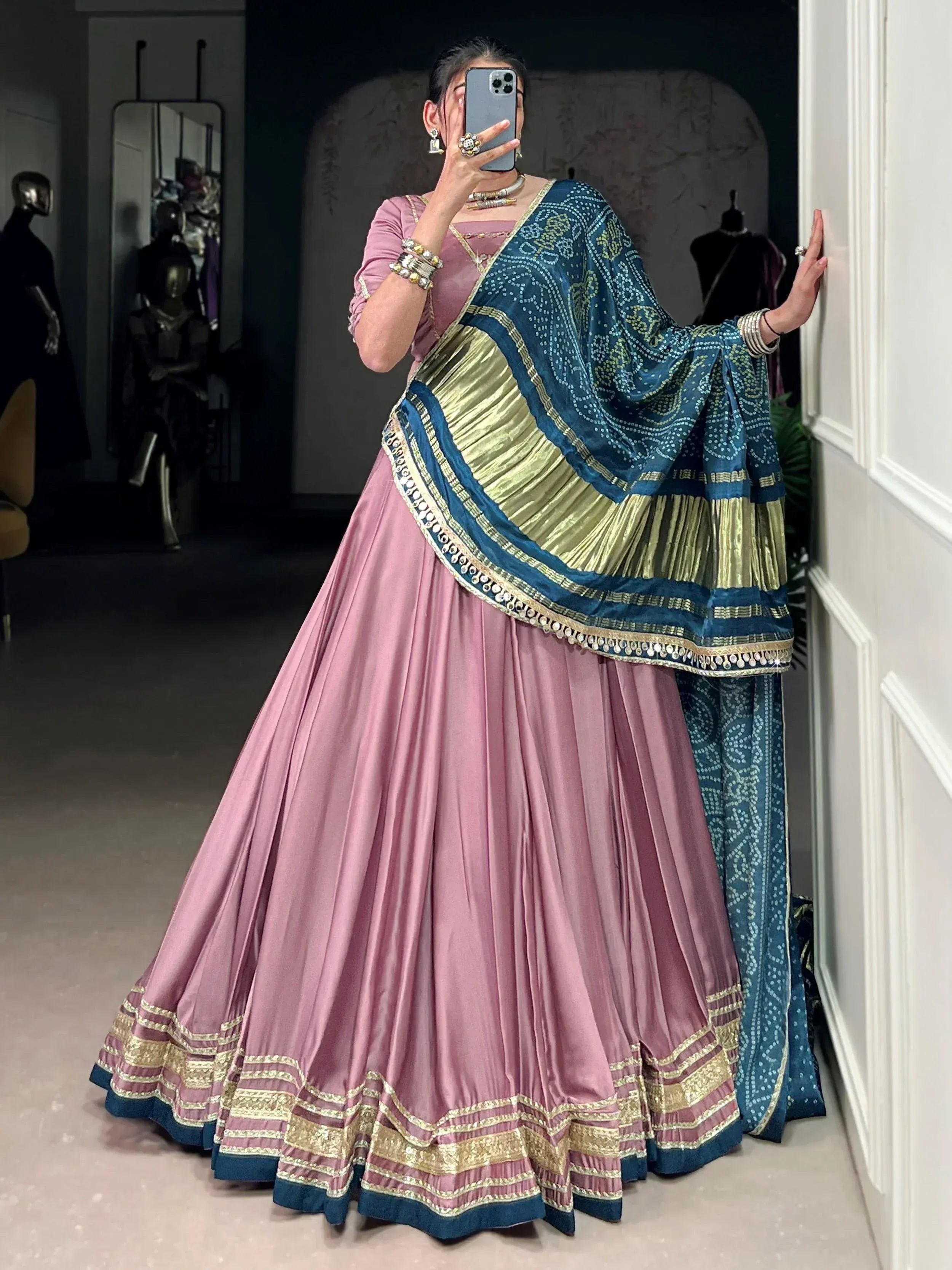Pink lehenga choli with blue and gold dupatta, Indian ethnic wear for women