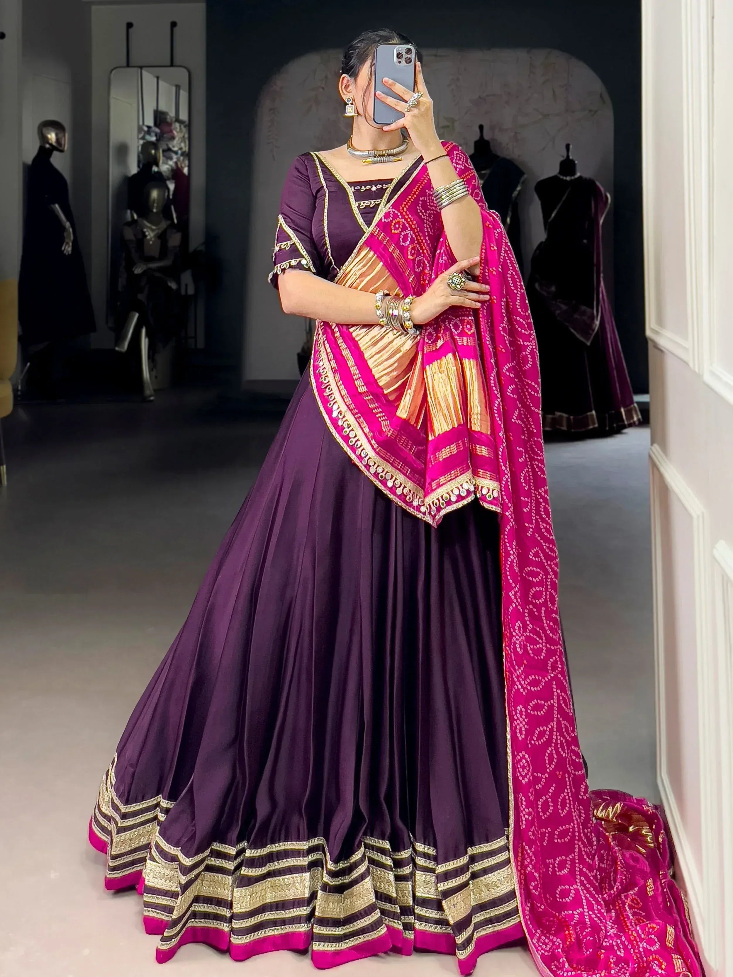 Purple lehenga choli with pink dupatta, ethnic Indian wear for weddings and festivals