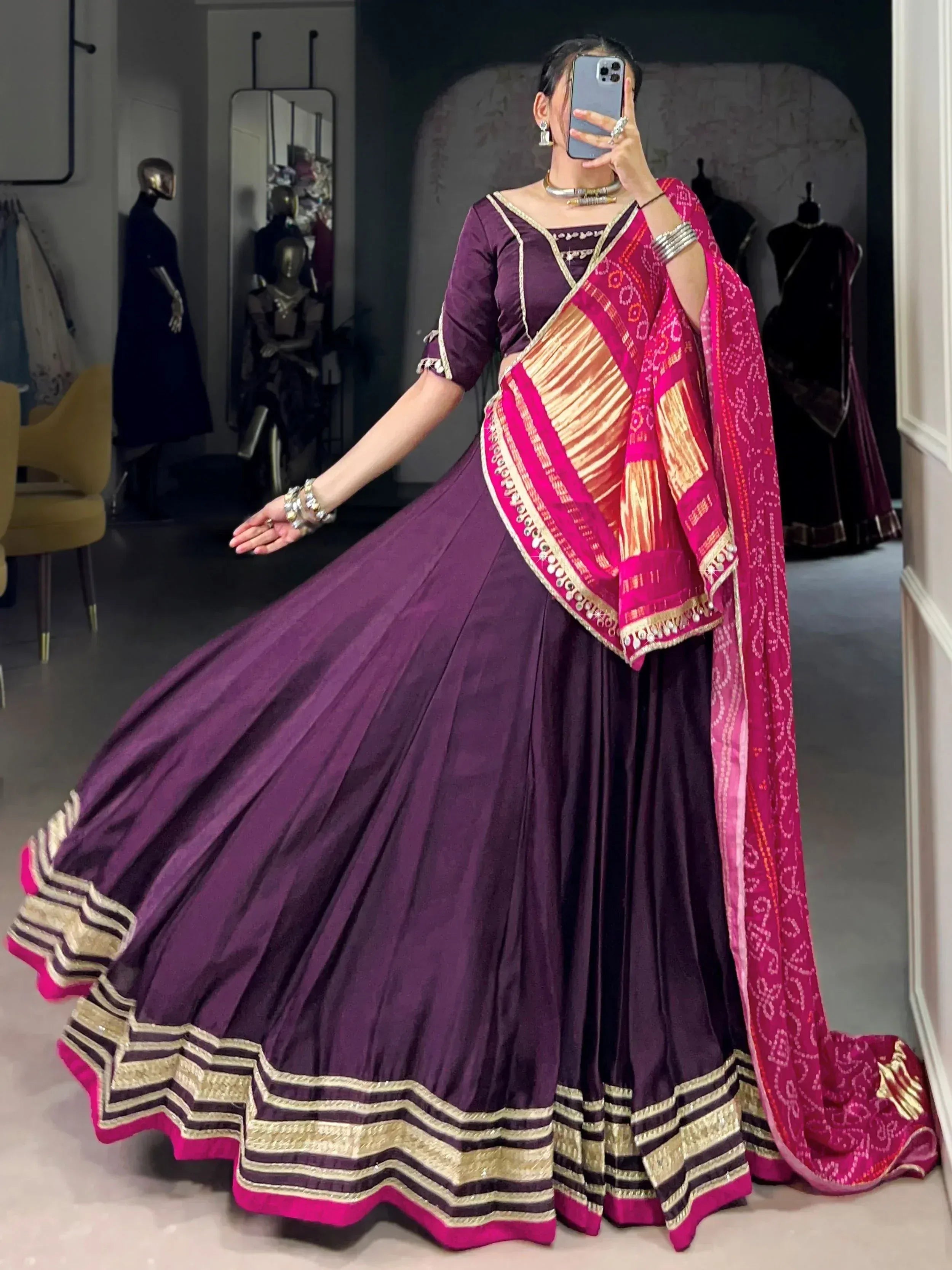 Purple designer lehenga choli with pink dupatta, ethnic Indian wear for weddings and festivals