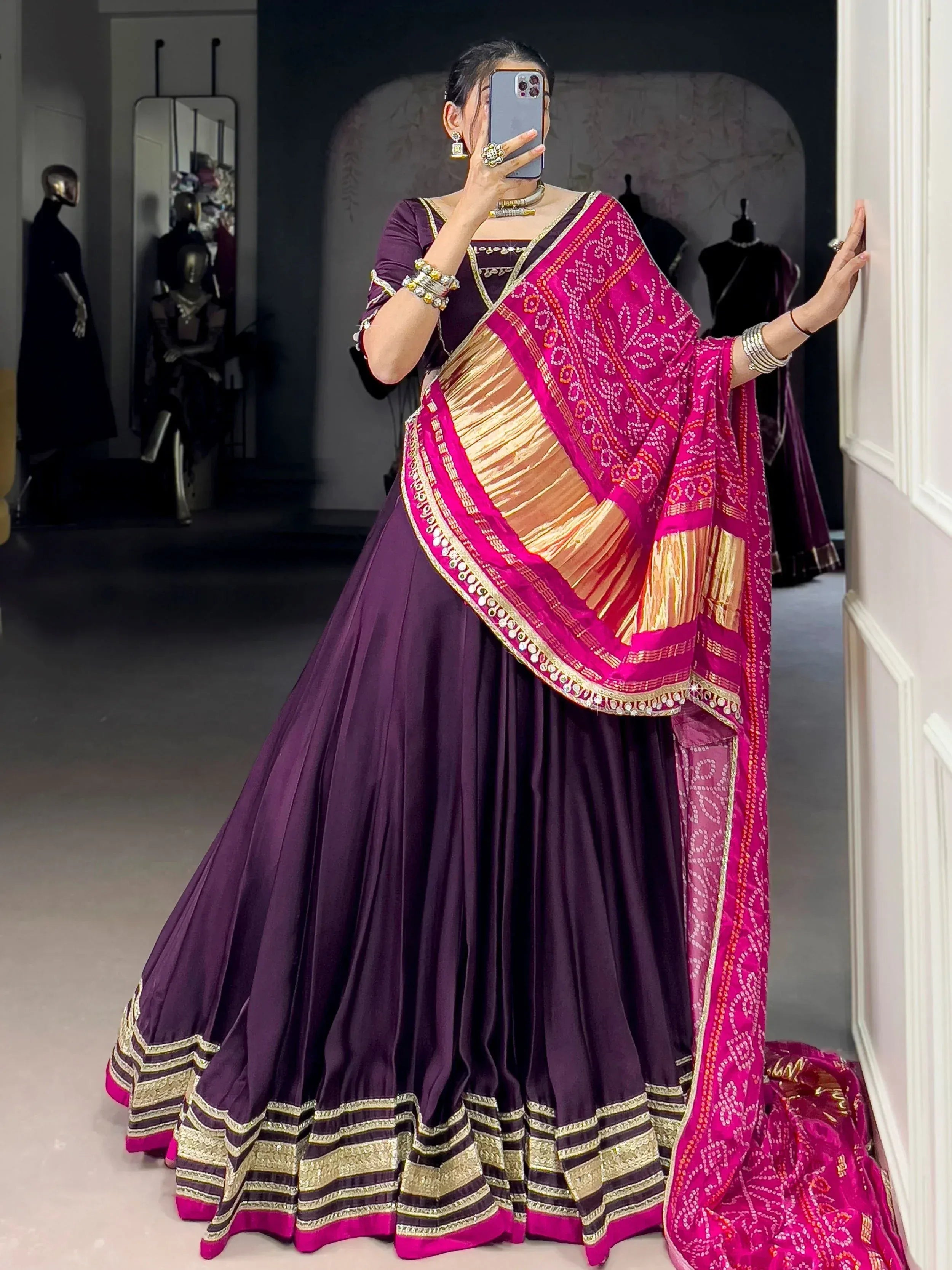 Purple lehenga choli with pink dupatta, ethnic Indian wear for weddings and festivals