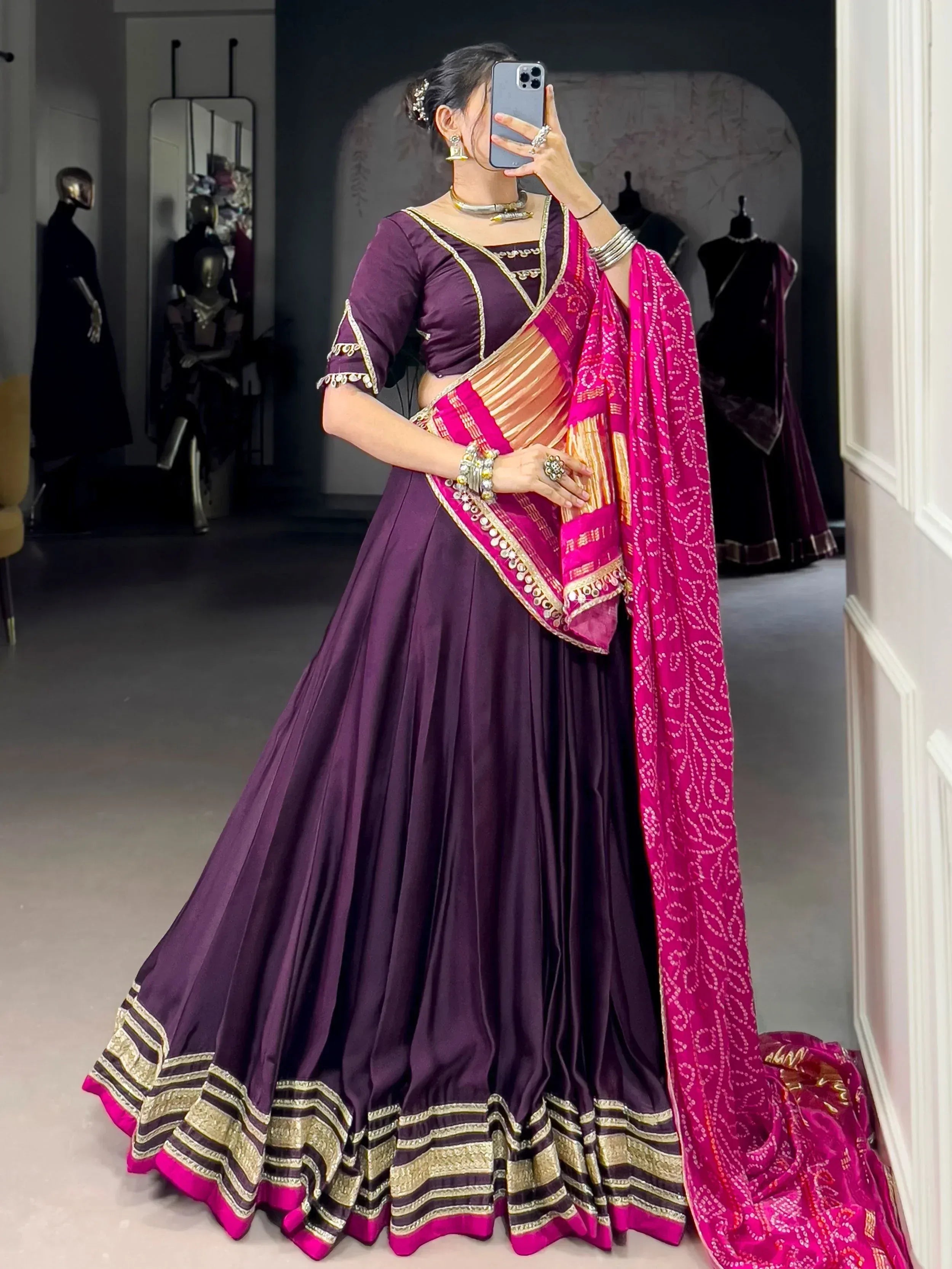 Purple lehenga choli with pink dupatta, ethnic Indian wear for weddings and festivals