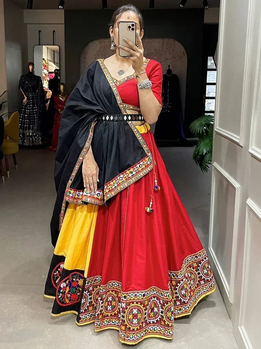 Red and black embroidered lehenga choli with yellow dupatta, ethnic Indian wear for women