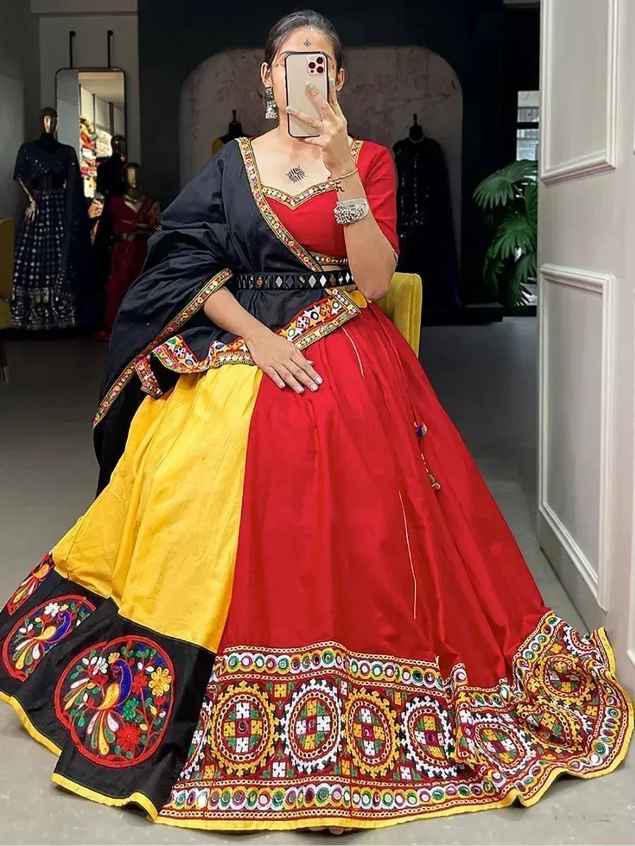 Red and yellow embroidered lehenga choli with black dupatta, Indian ethnic wear