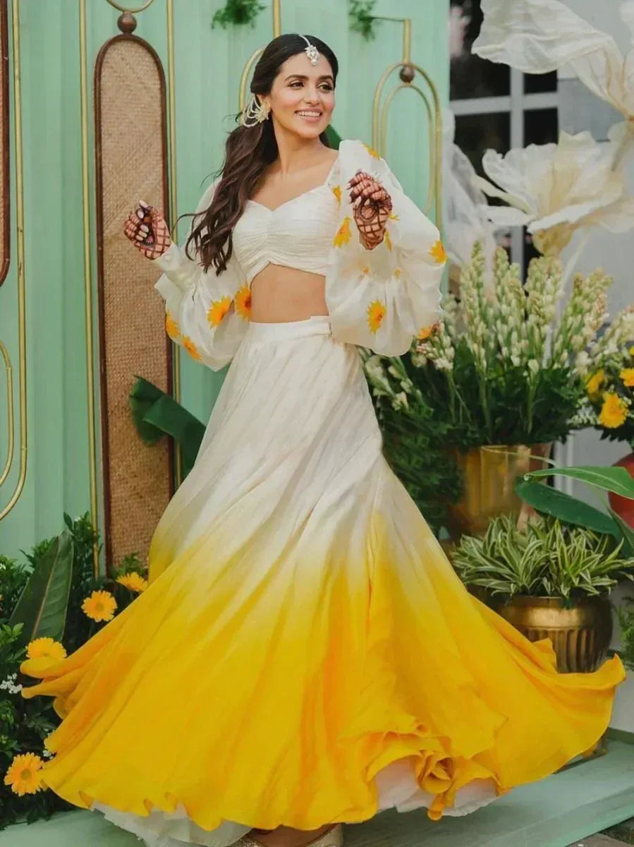 White and yellow ombre lehenga choli with floral print, perfect for Indian ethnic wear events