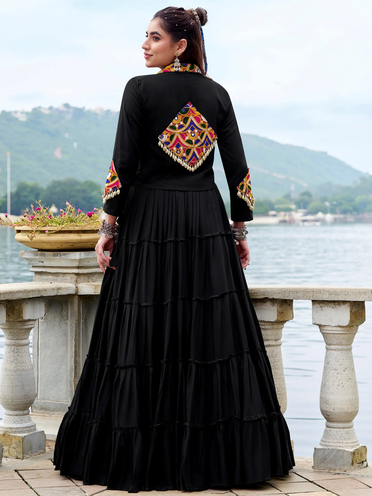 Terrific Black Gamathi Work Rayon Navratri Wear Lehenga Choli With Jacket