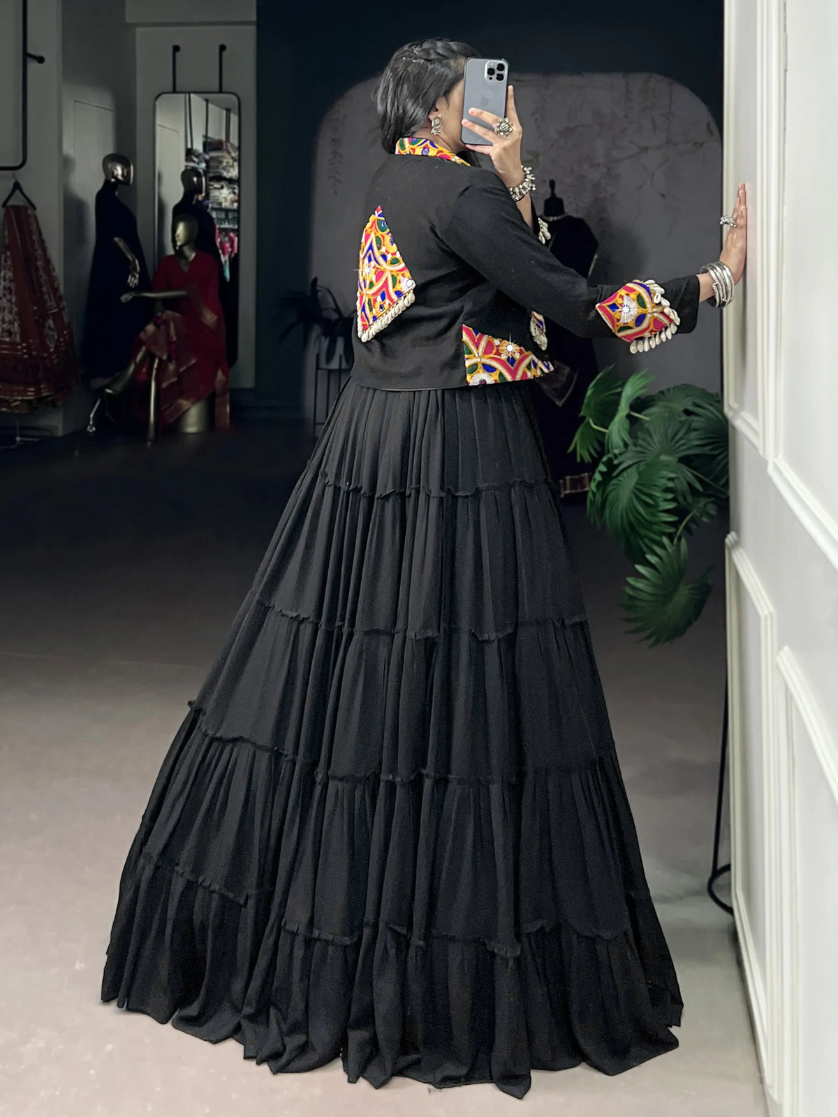 Stupendous Black Gamathi Work Navratri Special Lehenga Choli With Jacket