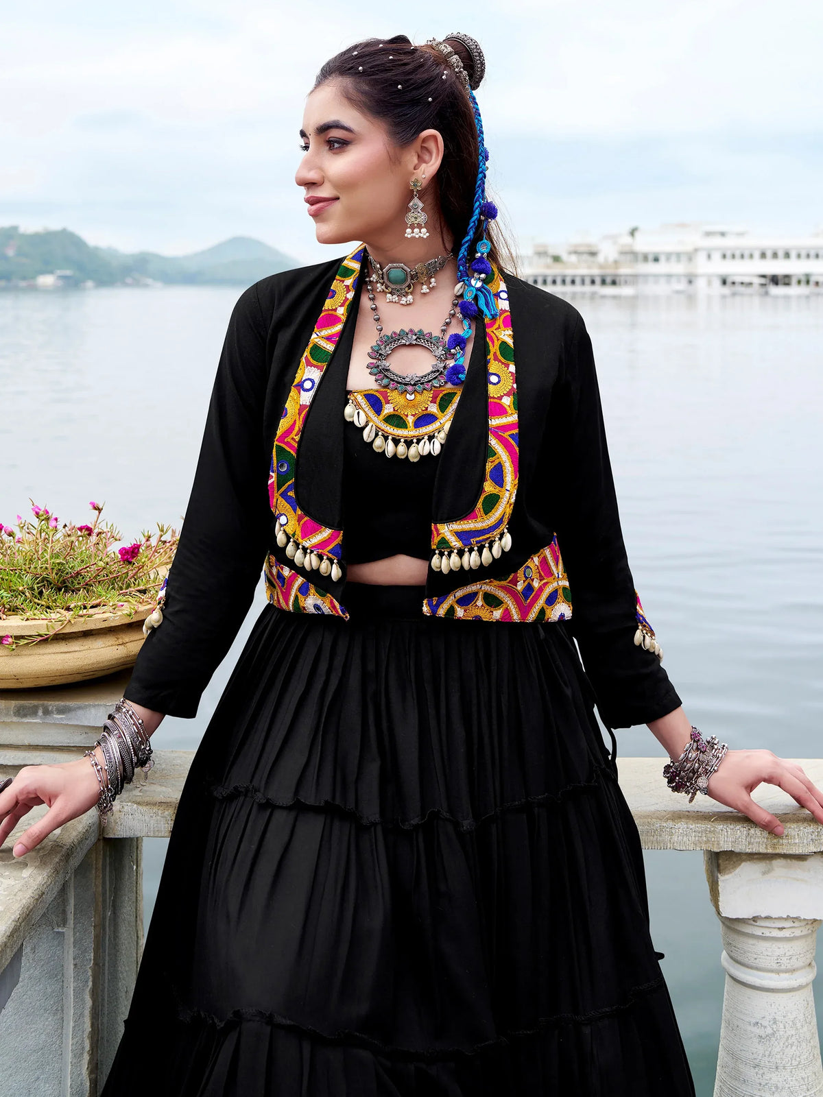 Terrific Black Gamathi Work Rayon Navratri Wear Lehenga Choli With Jacket