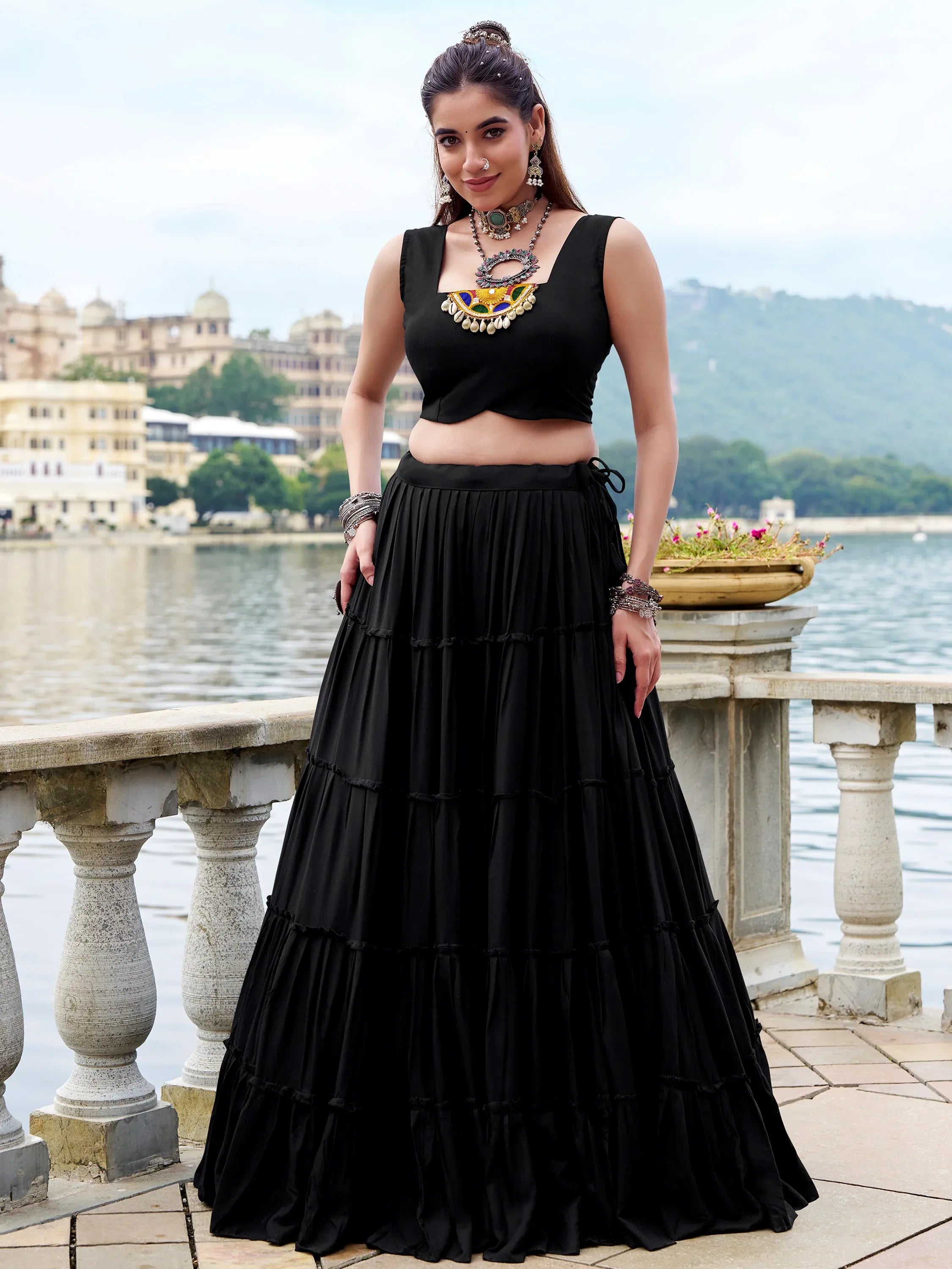 Terrific Black Gamathi Work Rayon Navratri Wear Lehenga Choli With Jacket