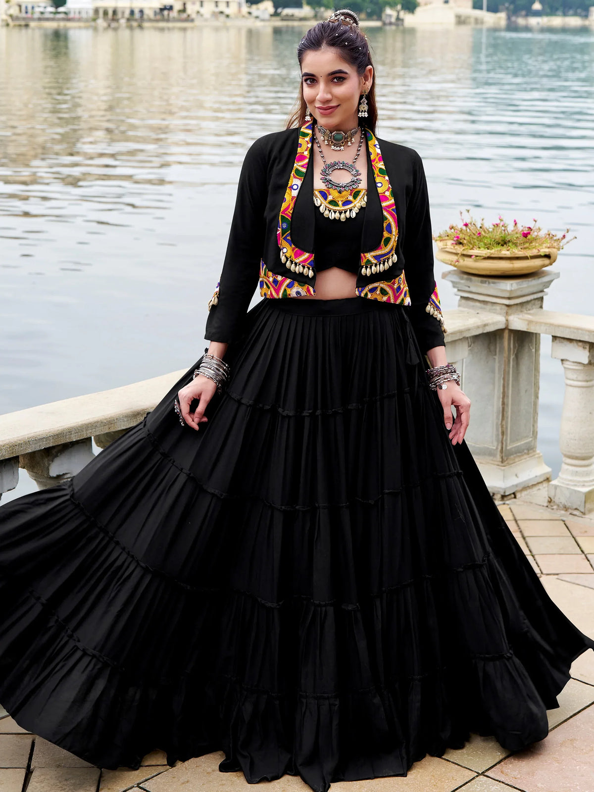 Terrific Black Gamathi Work Rayon Navratri Wear Lehenga Choli With Jacket