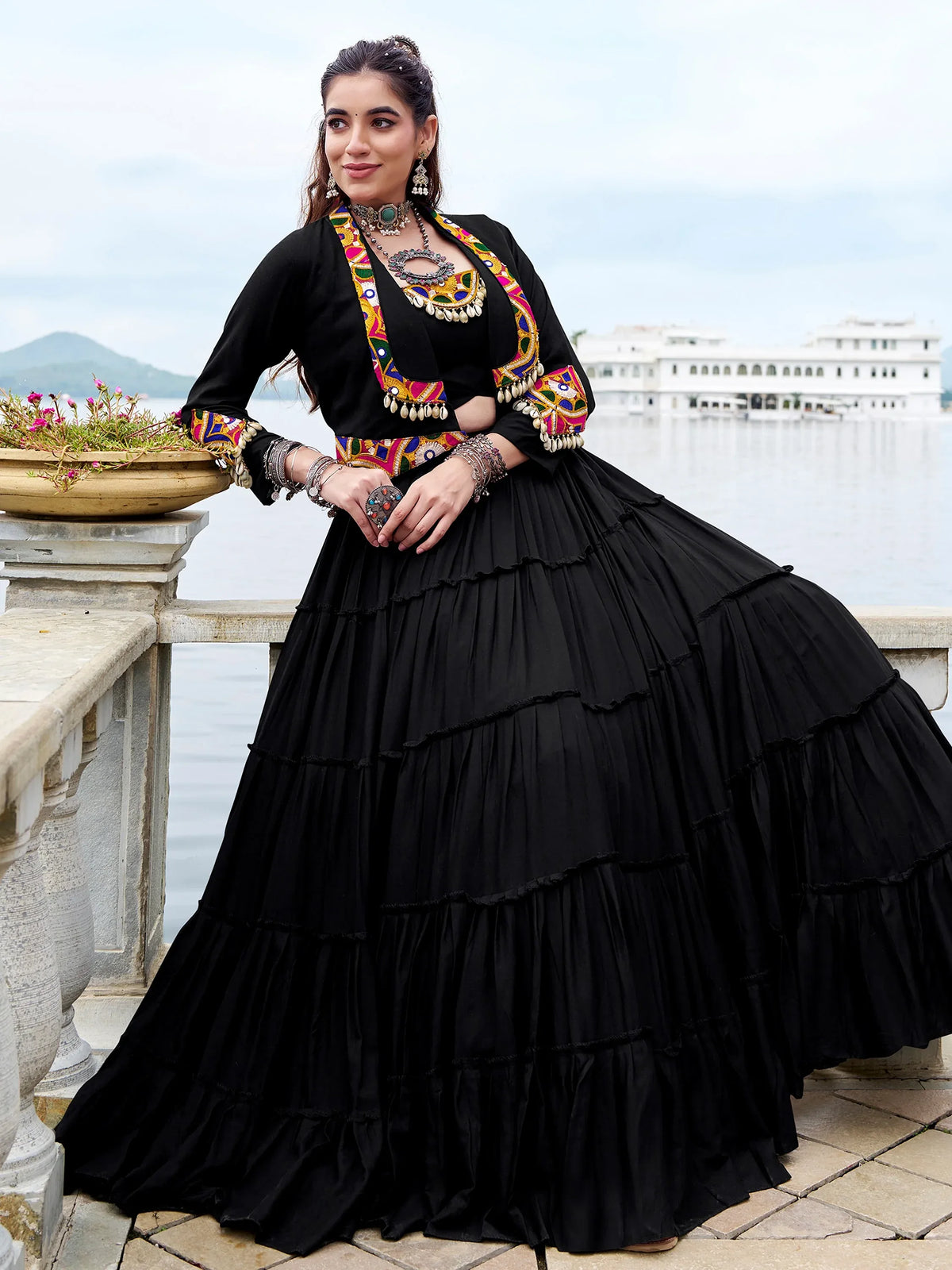 Terrific Black Gamathi Work Rayon Navratri Wear Lehenga Choli With Jacket