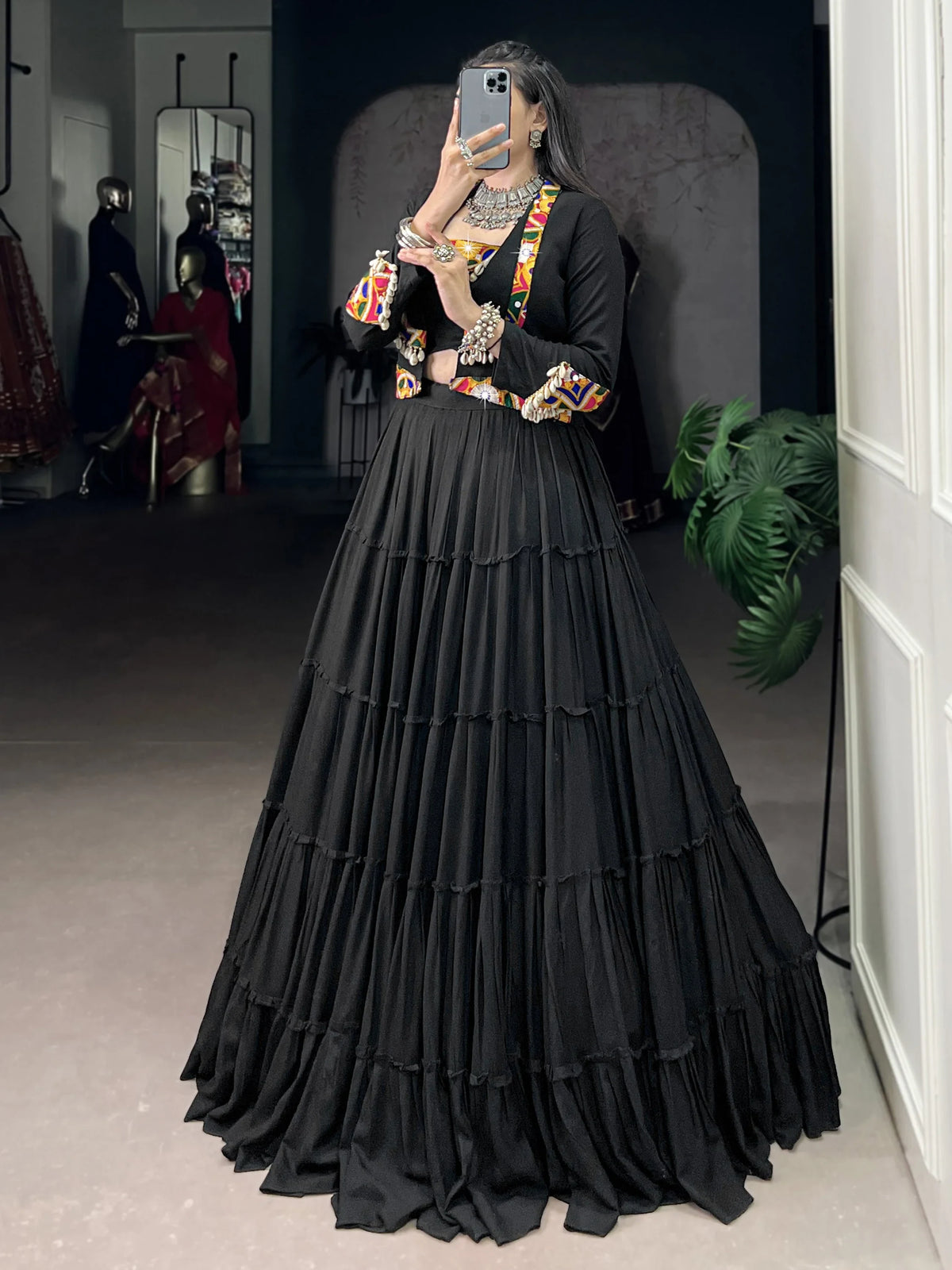 Stupendous Black Gamathi Work Navratri Special Lehenga Choli With Jacket