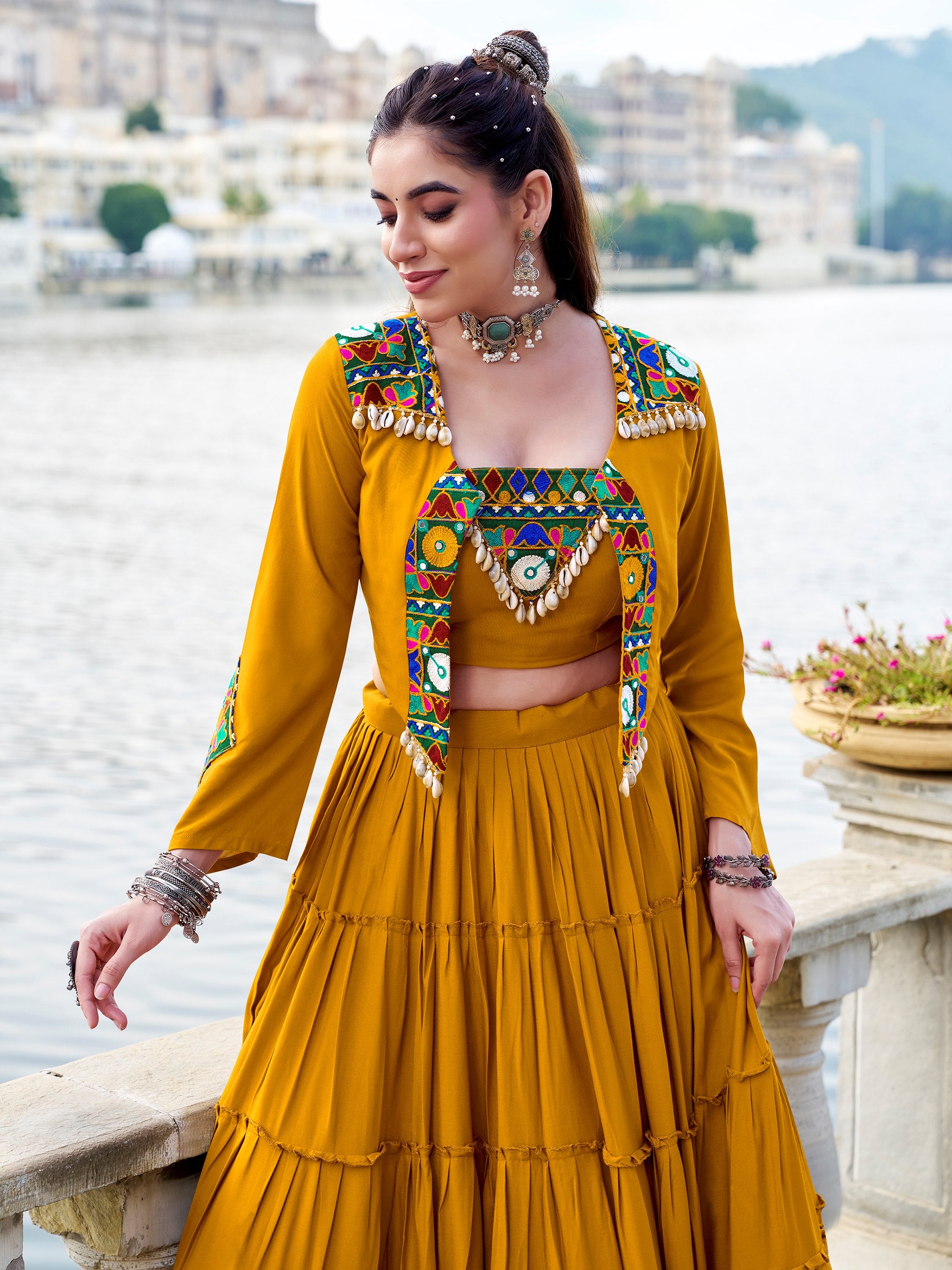 Rich Mustard Yellow Gamathi Work Navratri Wear Lehenga Choli With Jacket
