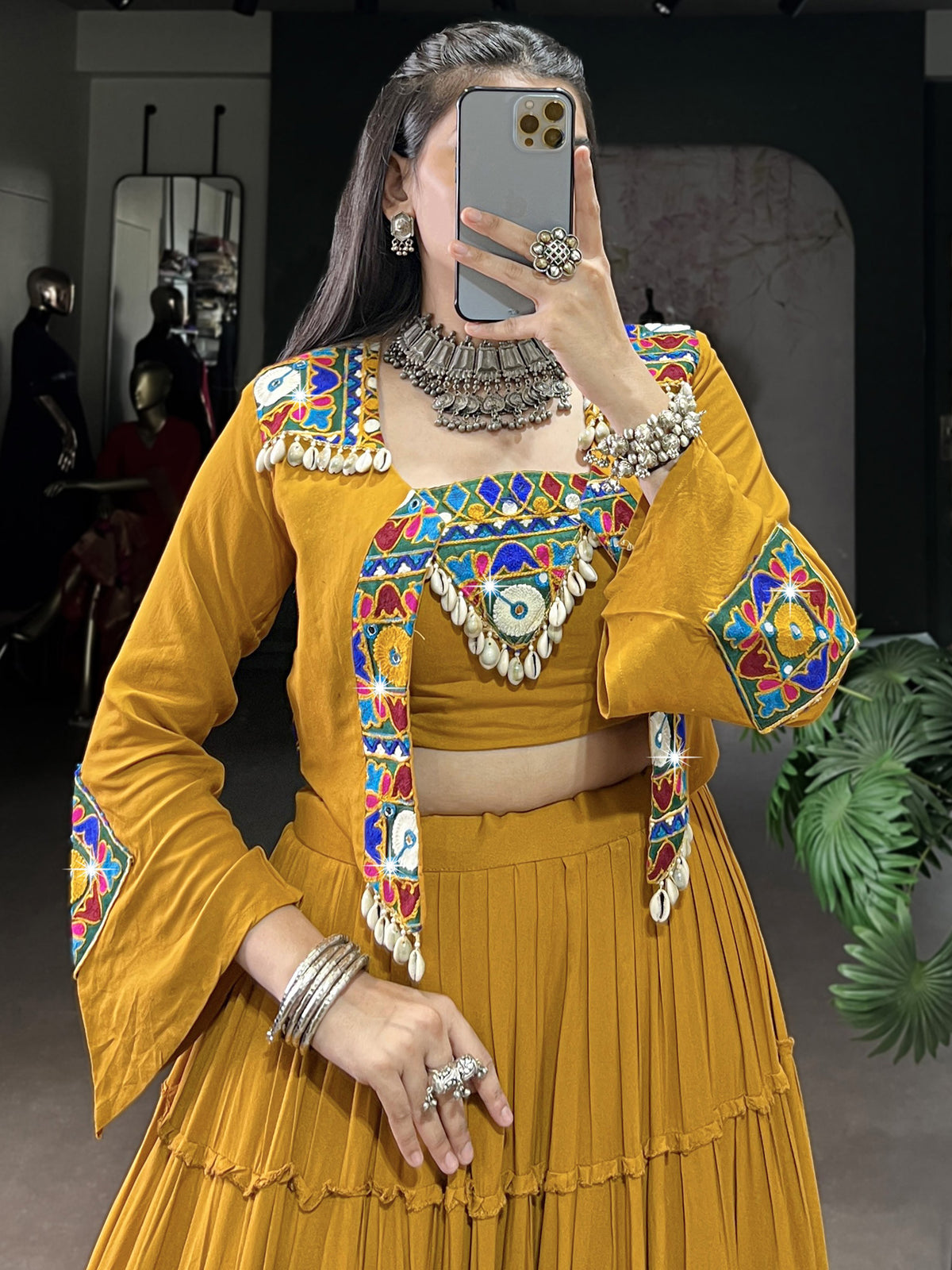 Rich Mustard Yellow Mirror Work Rayon Navratri Lehenga Choli With Jacket