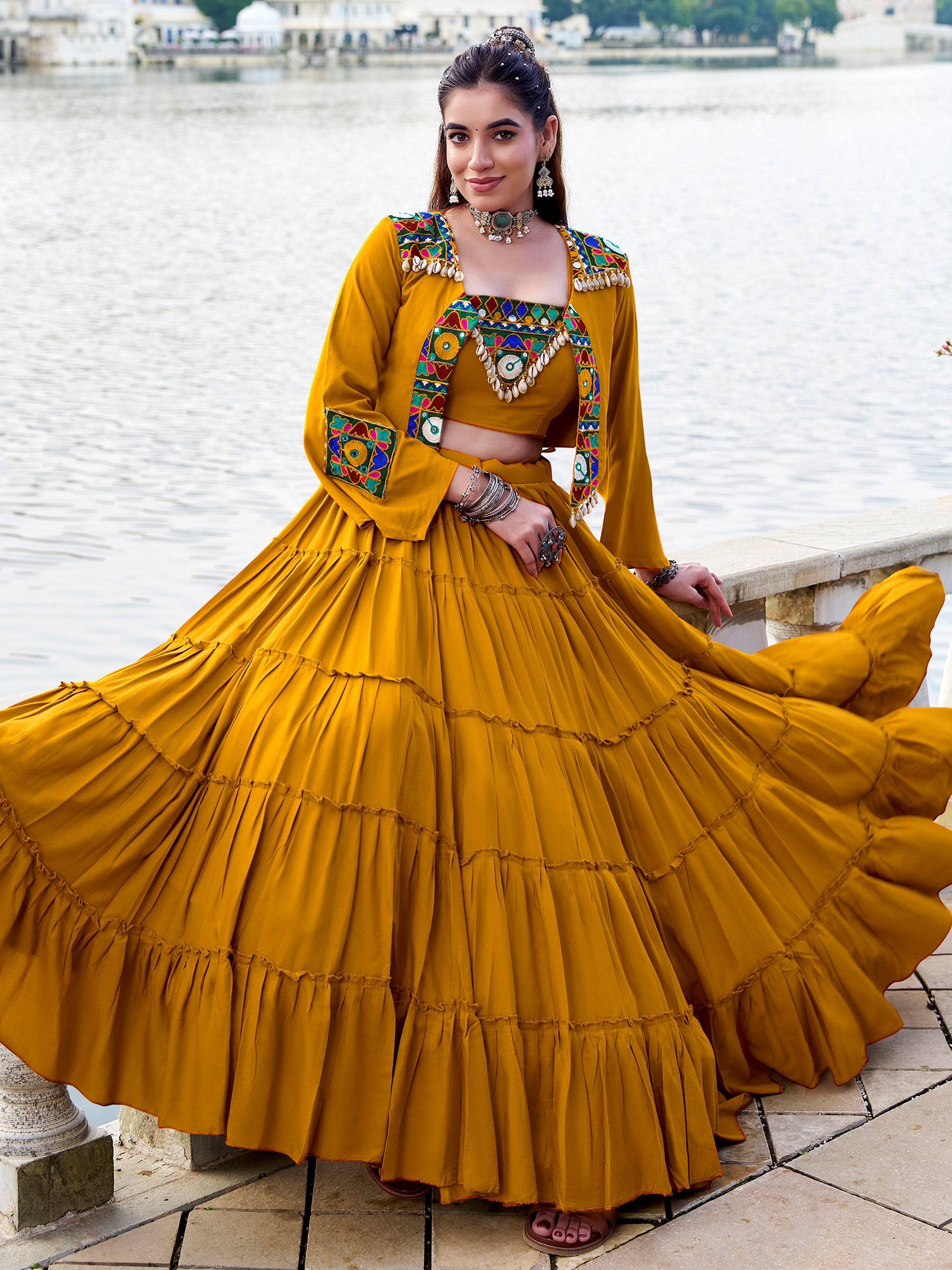 Rich Mustard Yellow Gamathi Work Navratri Wear Lehenga Choli With Jacket