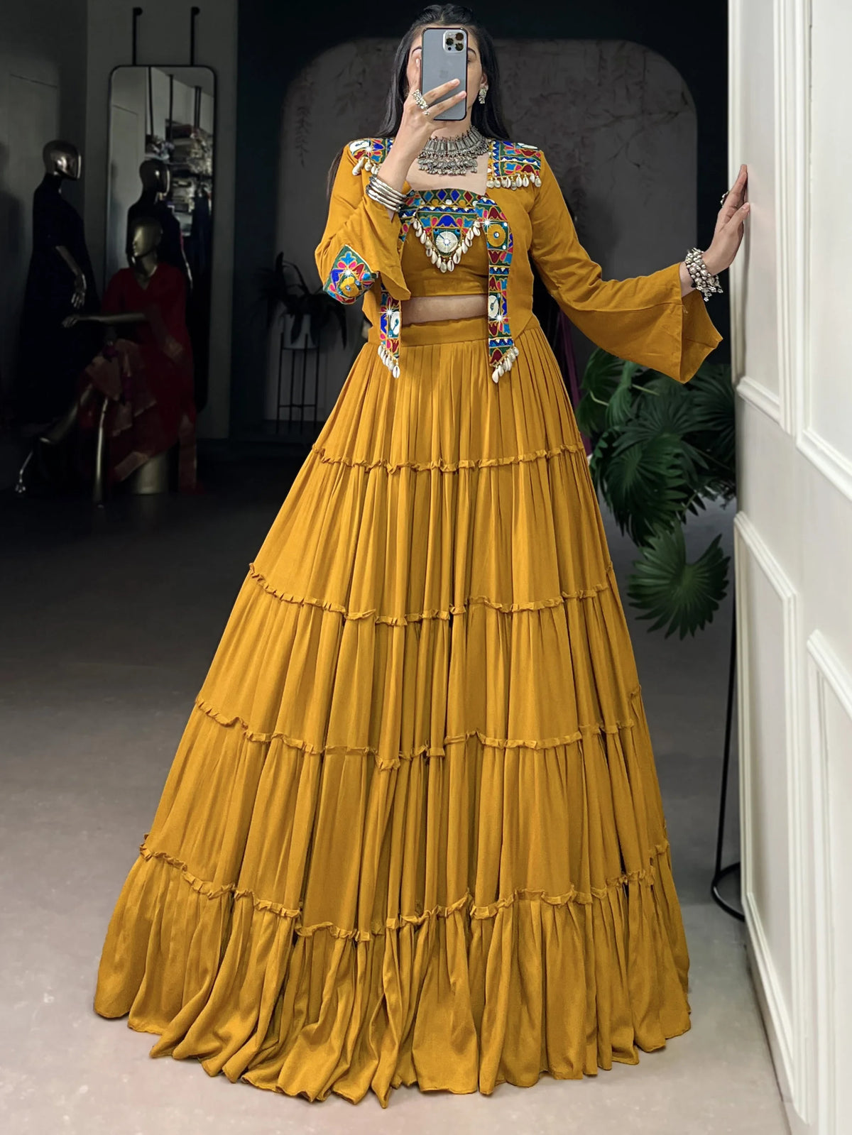 Rich Mustard Yellow Mirror Work Rayon Navratri Lehenga Choli With Jacket