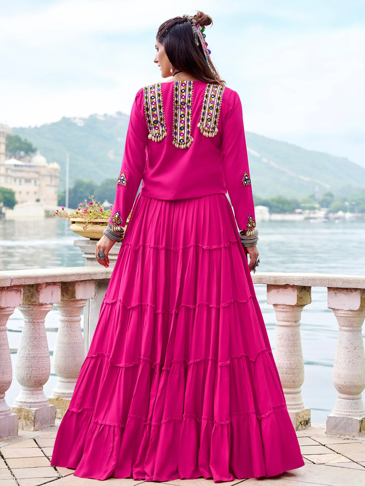 Pretty Pink Gamathi Work Rayon Navratri Wear Lehenga Choli With Jacket