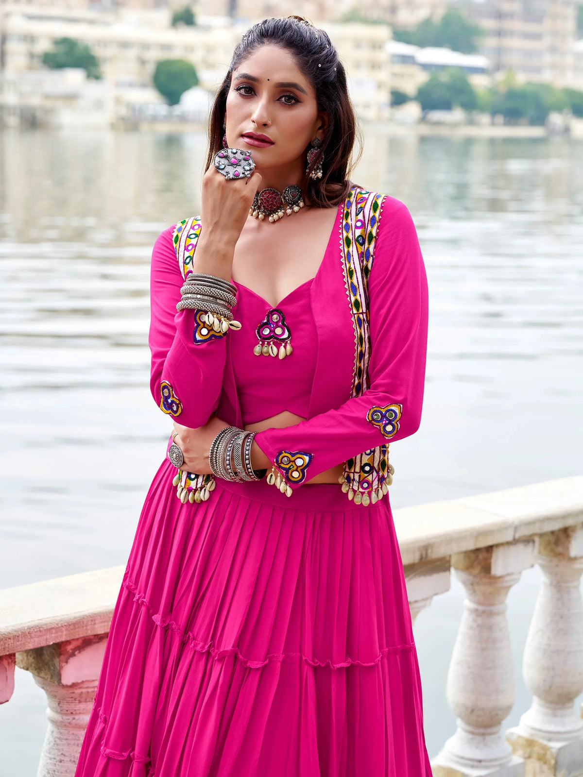 Pretty Pink Gamathi Work Rayon Navratri Wear Lehenga Choli With Jacket