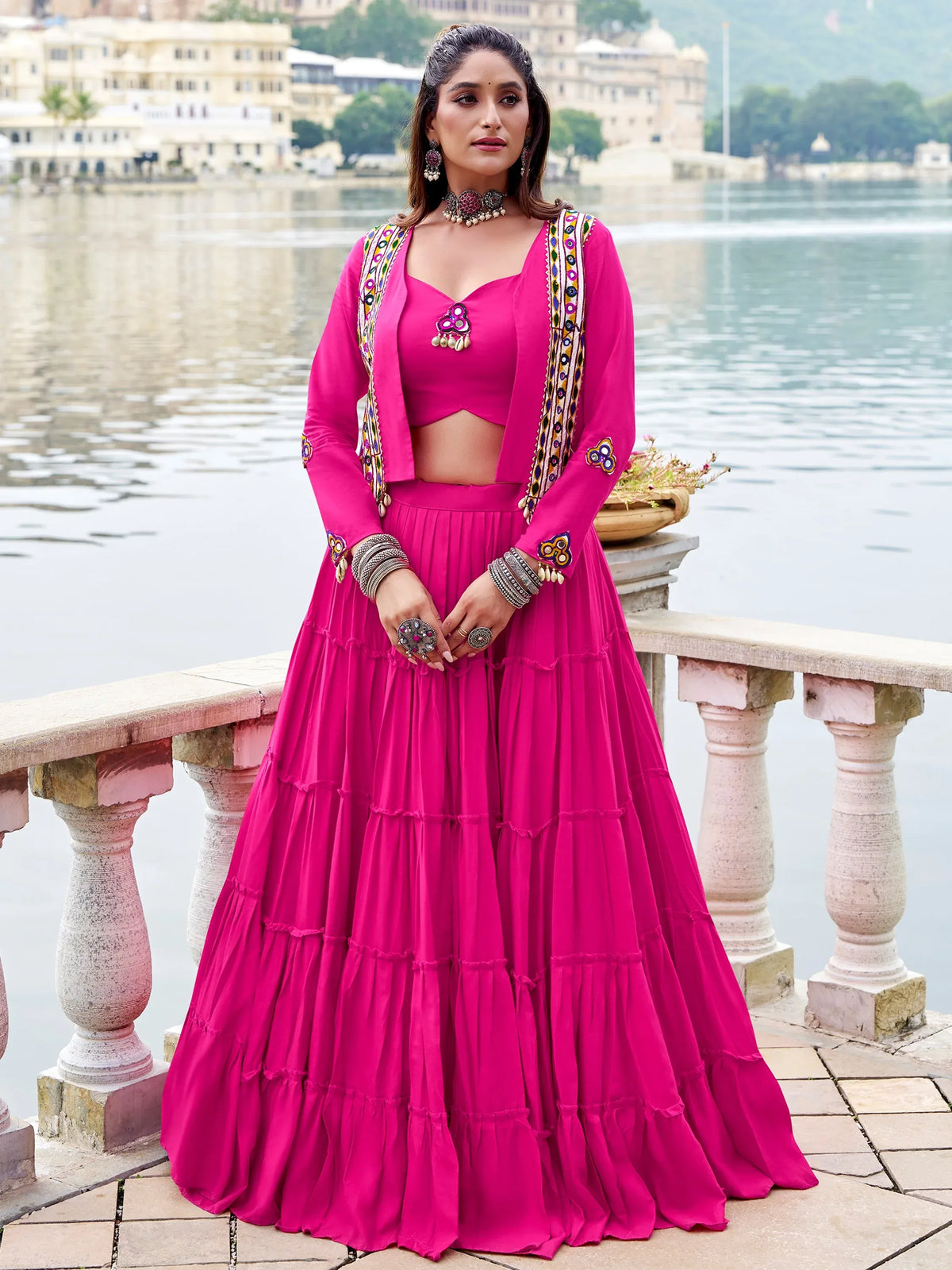 Pretty Pink Gamathi Work Rayon Navratri Wear Lehenga Choli With Jacket