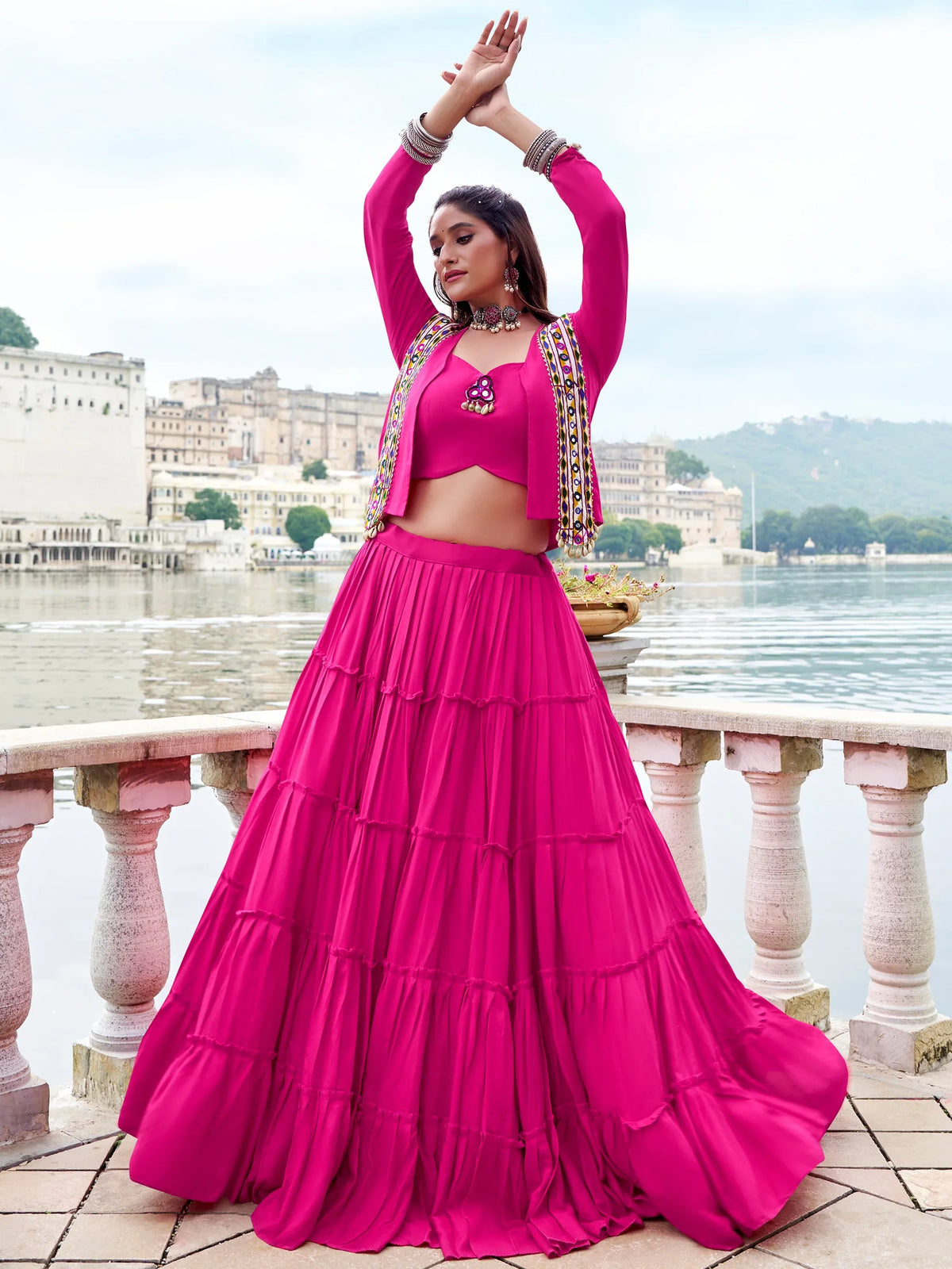 Pretty Pink Gamathi Work Rayon Navratri Wear Lehenga Choli With Jacket