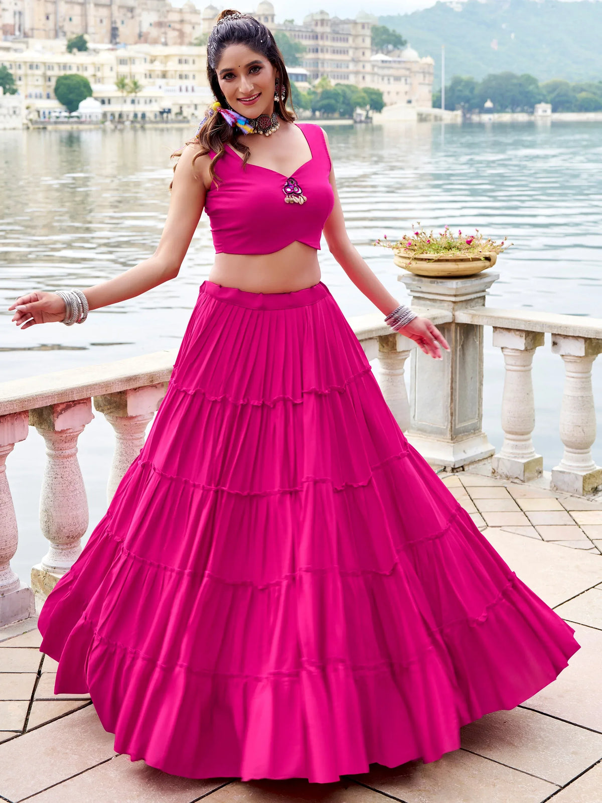 Pretty Pink Gamathi Work Rayon Navratri Wear Lehenga Choli With Jacket