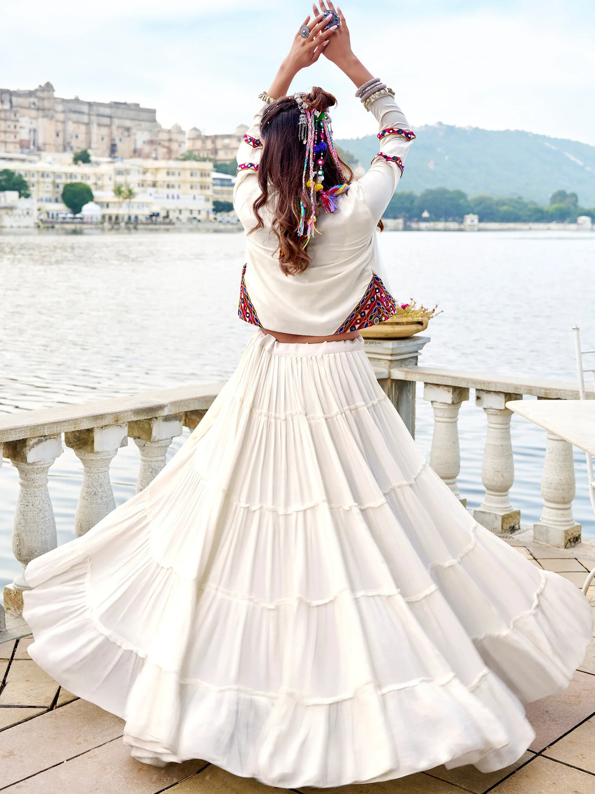 Phenomenal White Gamathi Work Rayon Navratri Wear Lehenga Choli With Jacket