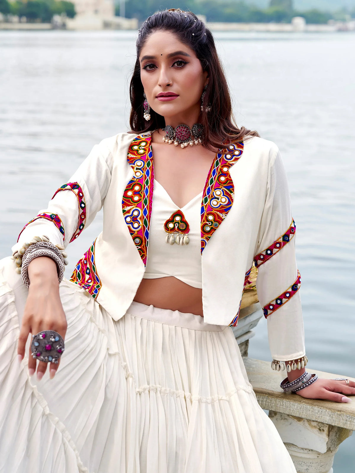 Phenomenal White Gamathi Work Rayon Navratri Wear Lehenga Choli With Jacket
