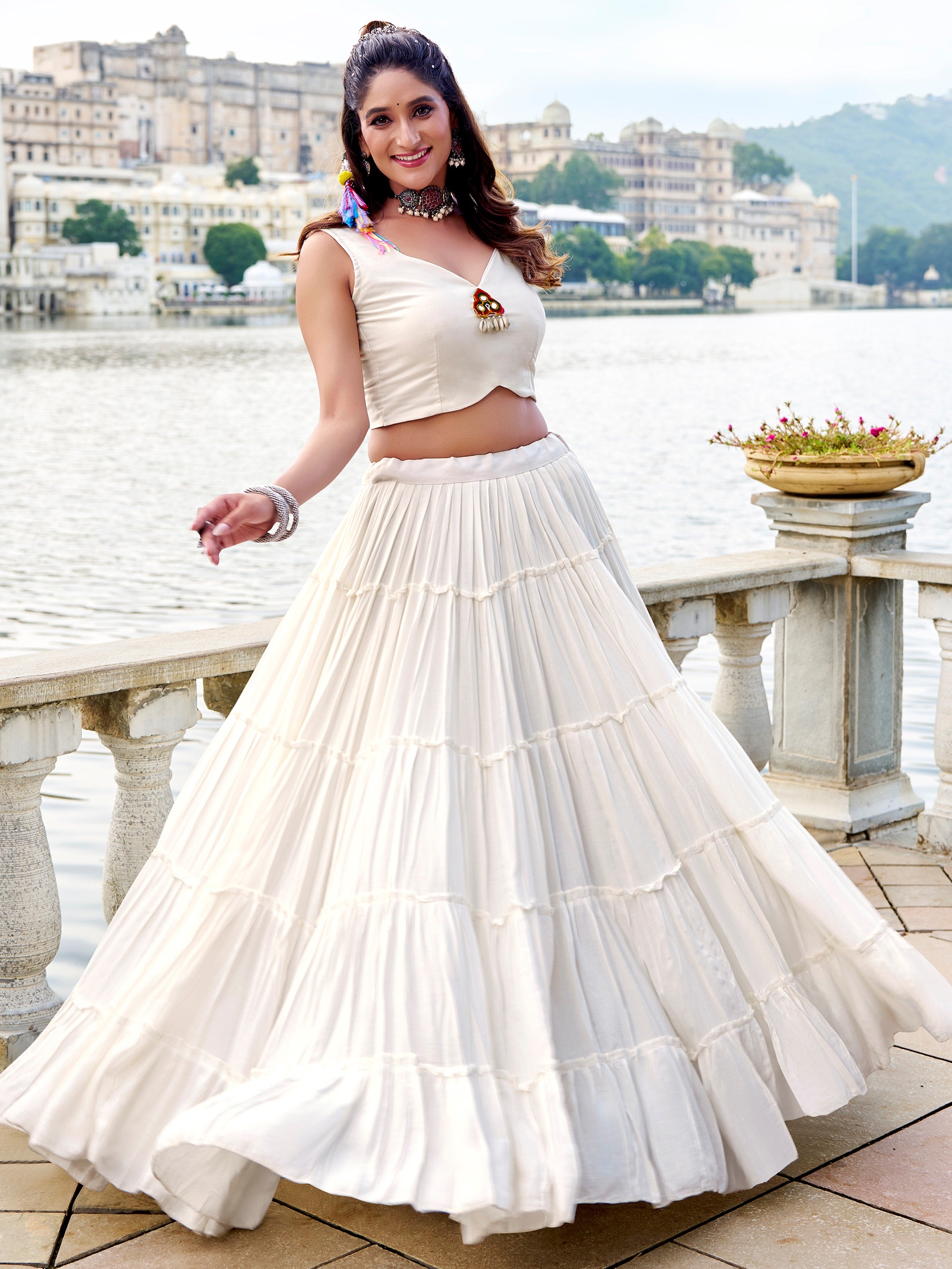 Phenomenal White Gamathi Work Rayon Navratri Wear Lehenga Choli With Jacket