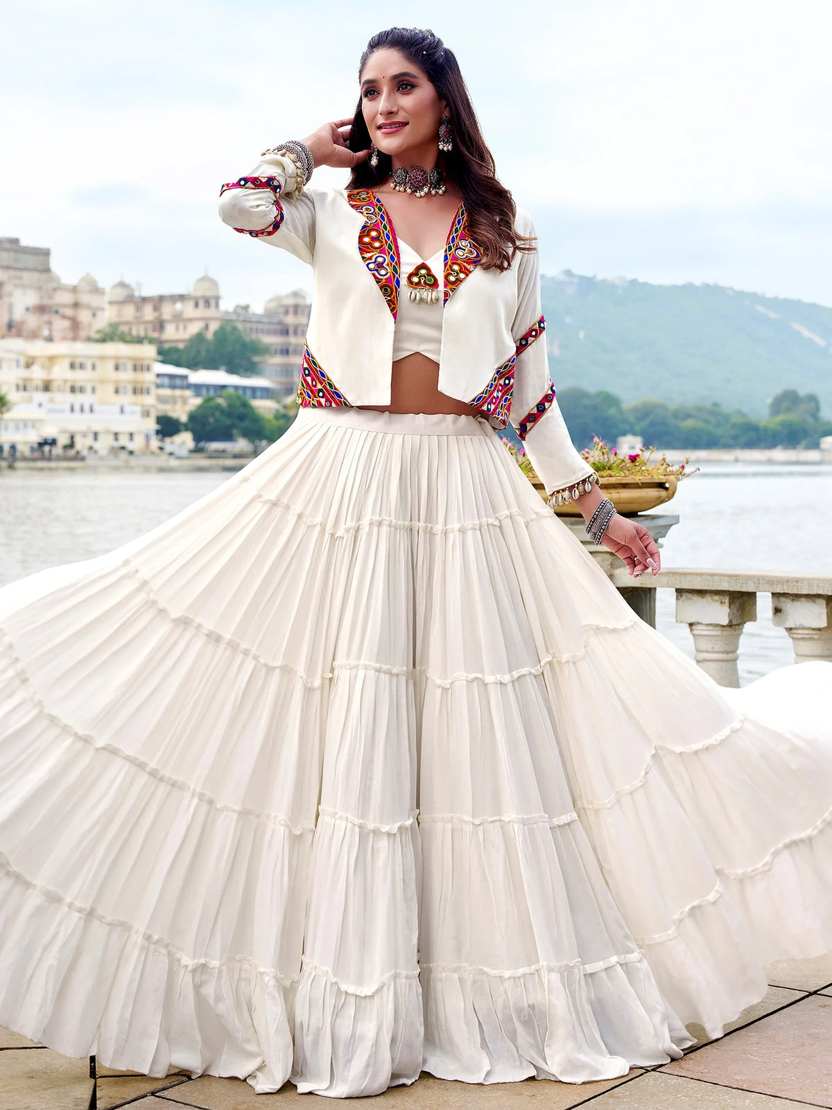 Phenomenal White Gamathi Work Rayon Navratri Wear Lehenga Choli With Jacket