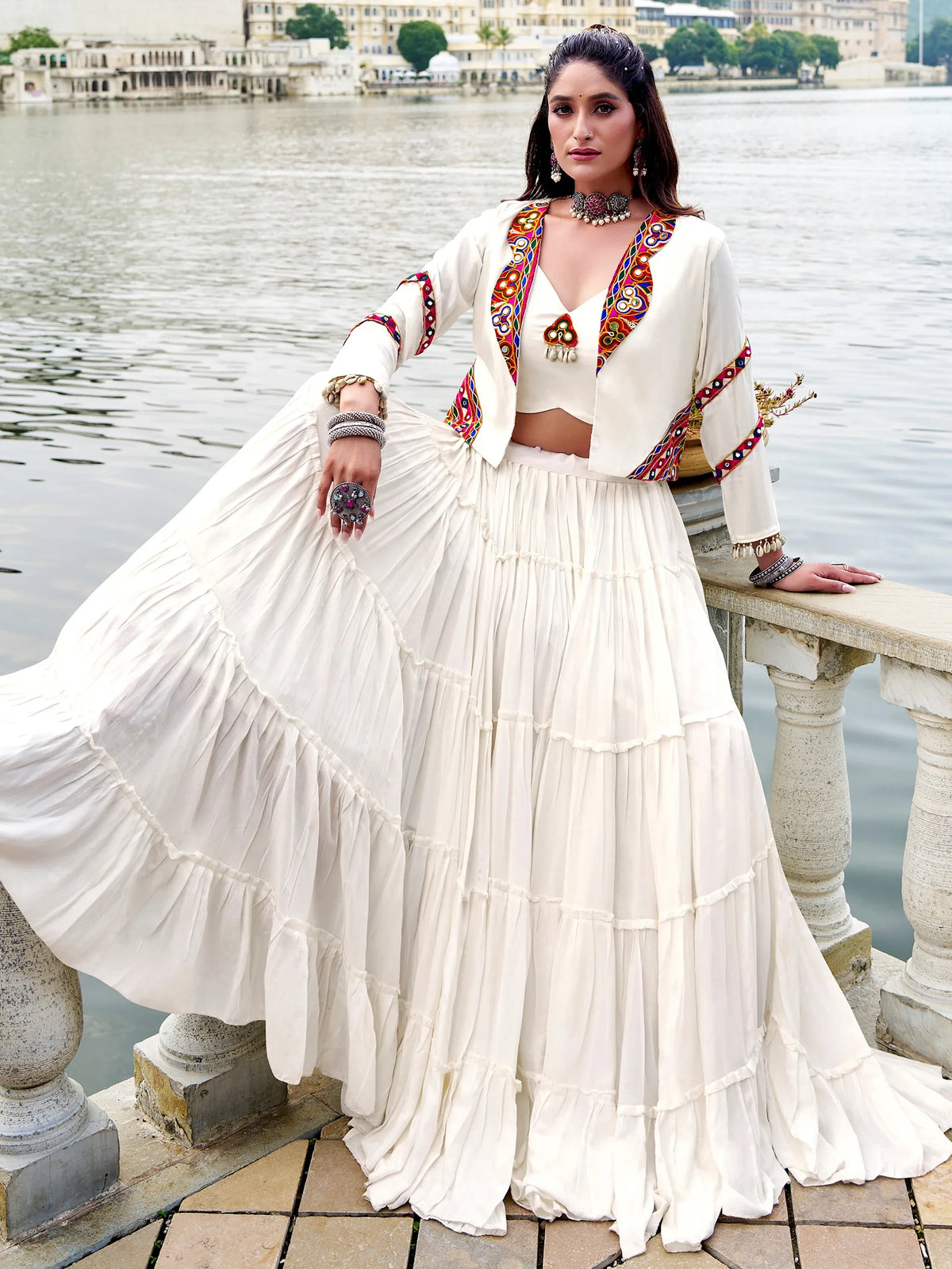 Phenomenal White Gamathi Work Rayon Navratri Wear Lehenga Choli With Jacket