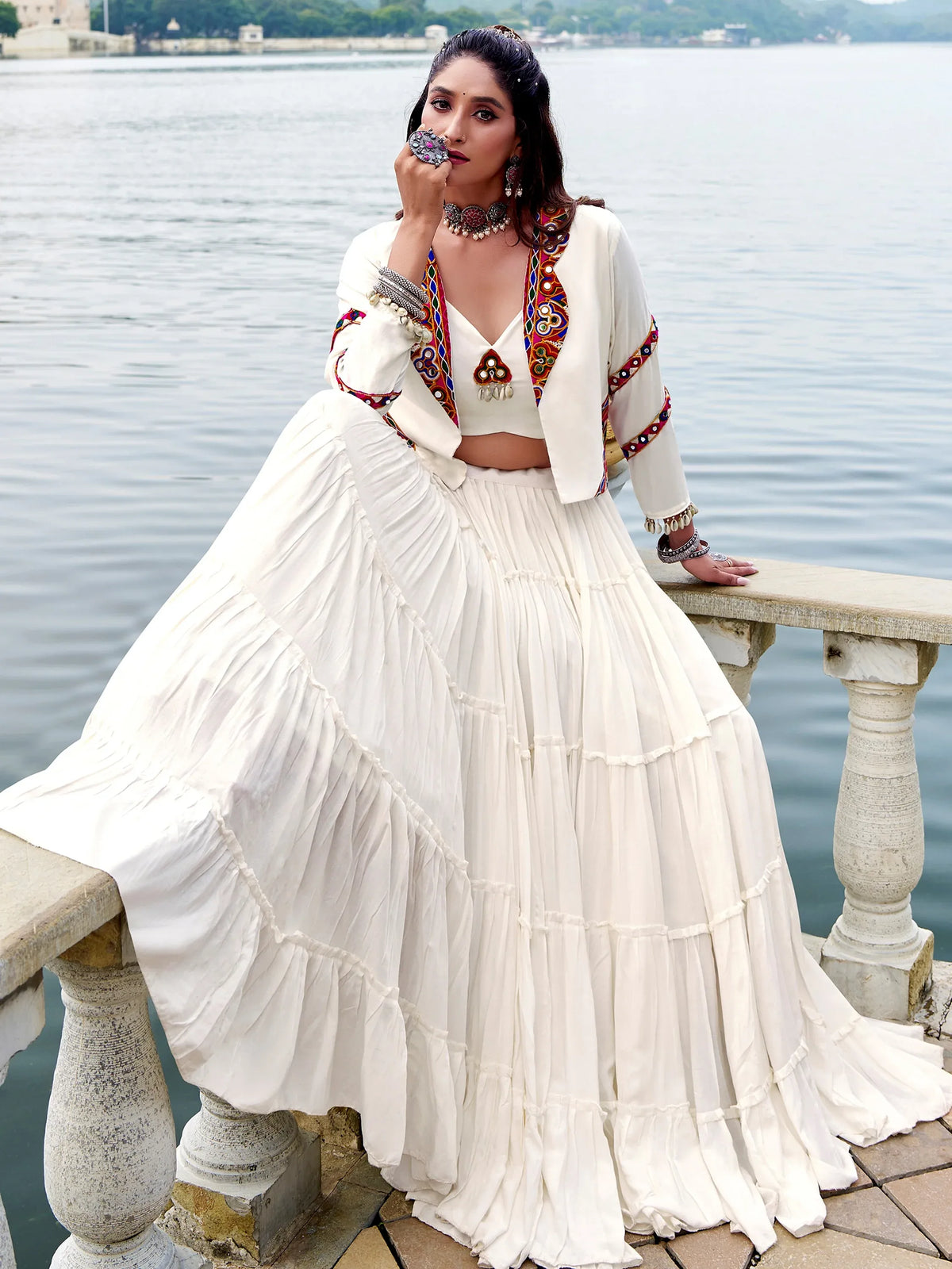 Phenomenal White Gamathi Work Rayon Navratri Wear Lehenga Choli With Jacket