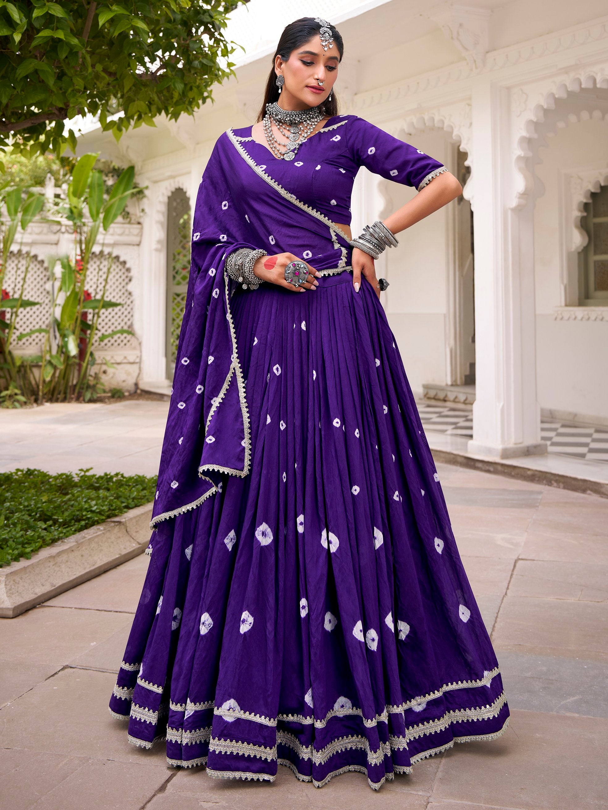 Fantastic Purple Bandhej Printed Chanderi Festive Wear Lehenga Choli