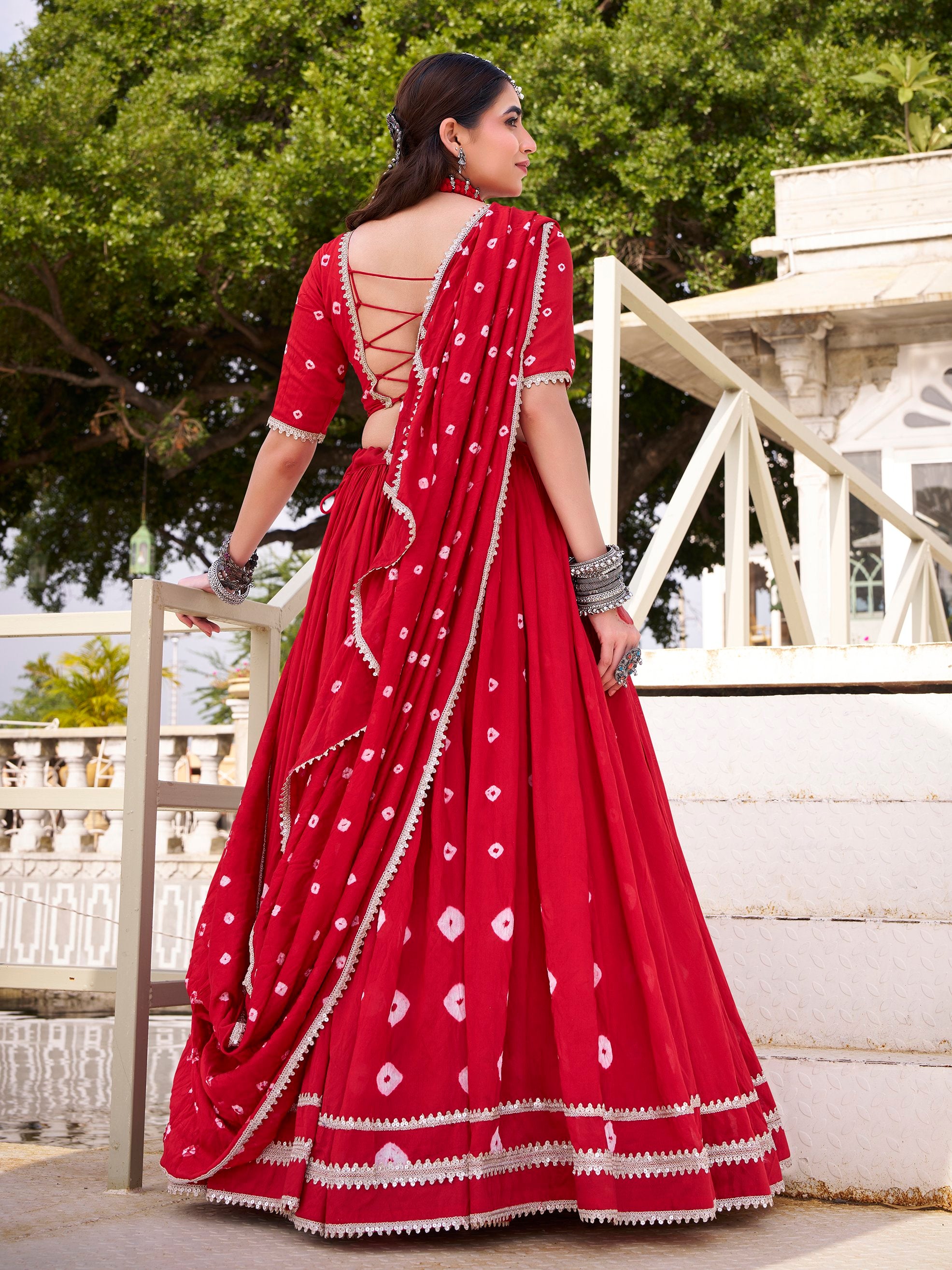 Lovable Red Bandhej Printed Chanderi Wedding Wear Lehenga Choli