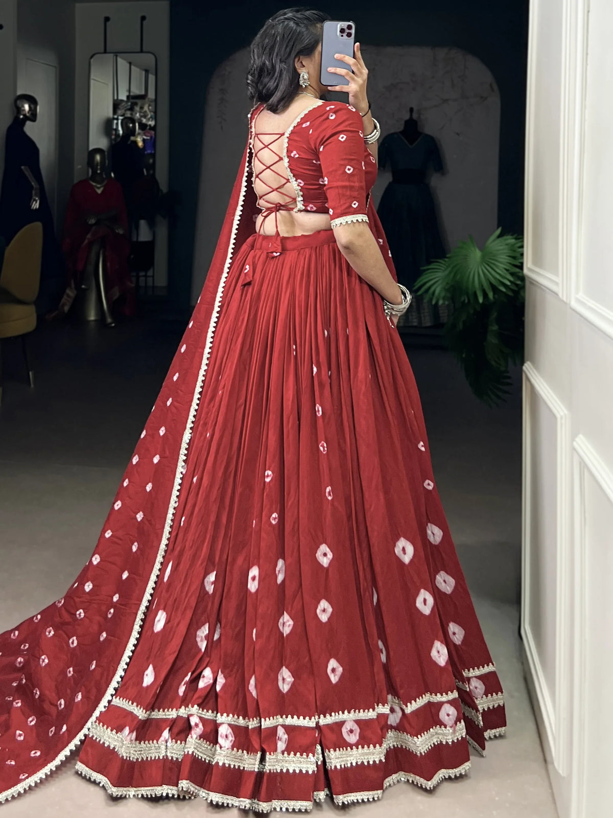 Beautiful Red Bandhej Printed Festive Wear Lehenga Choli With Dupatta