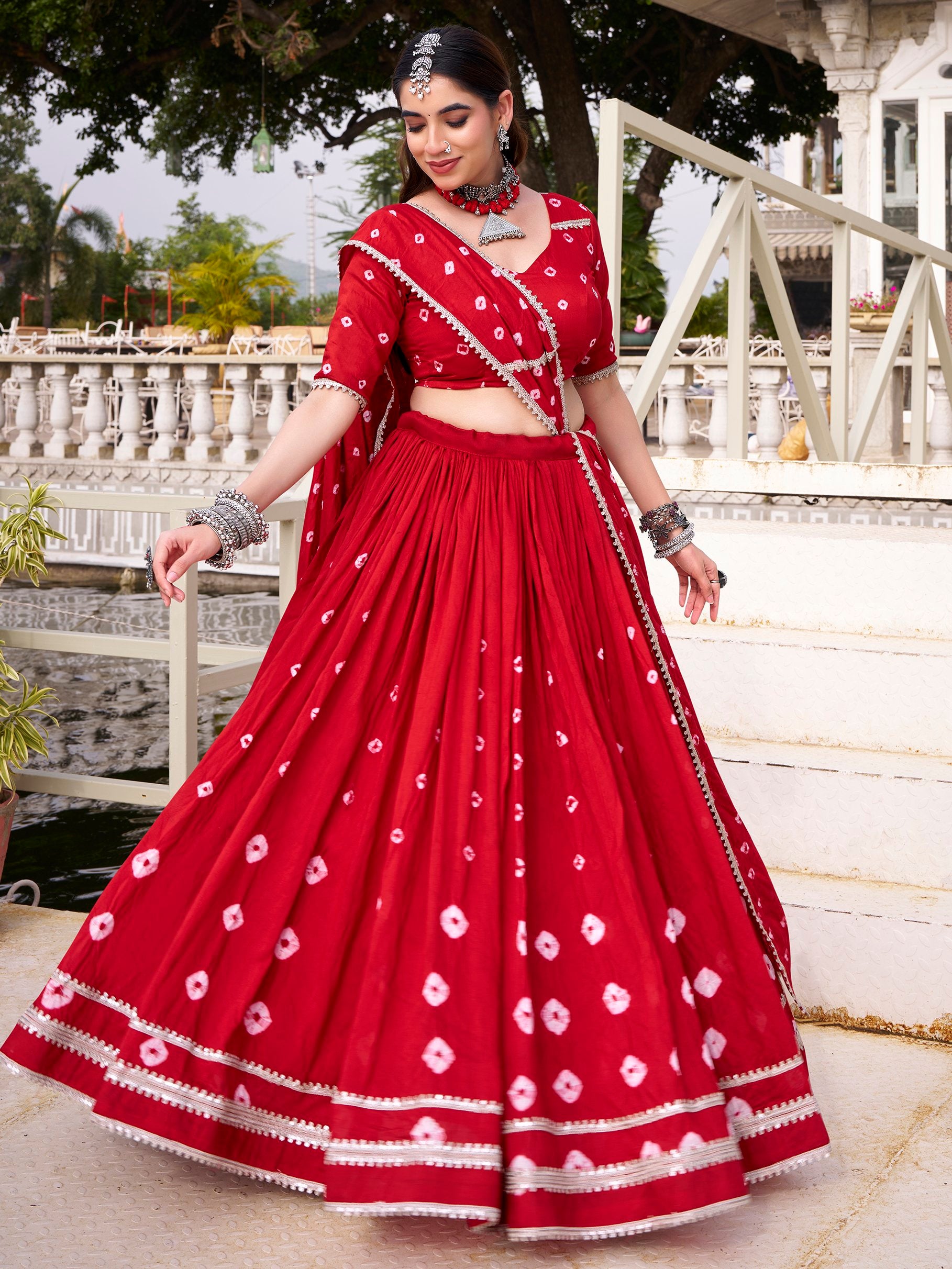 Lovable Red Bandhej Printed Chanderi Wedding Wear Lehenga Choli