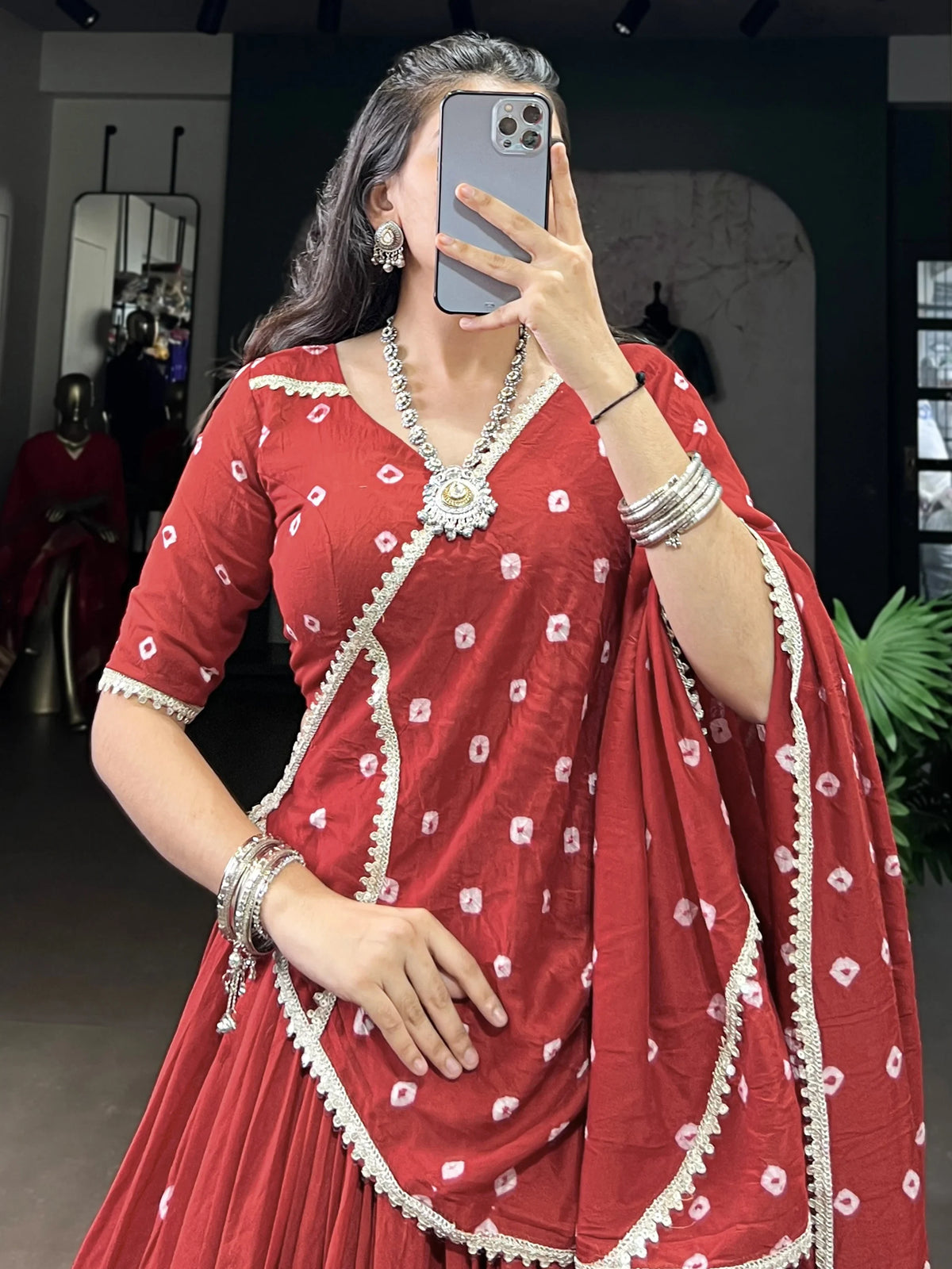 Beautiful Red Bandhej Printed Festive Wear Lehenga Choli With Dupatta