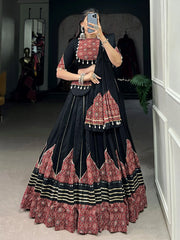 Lavish Black Rayon Printed Navratri Wear Lehenga Choli With Purse