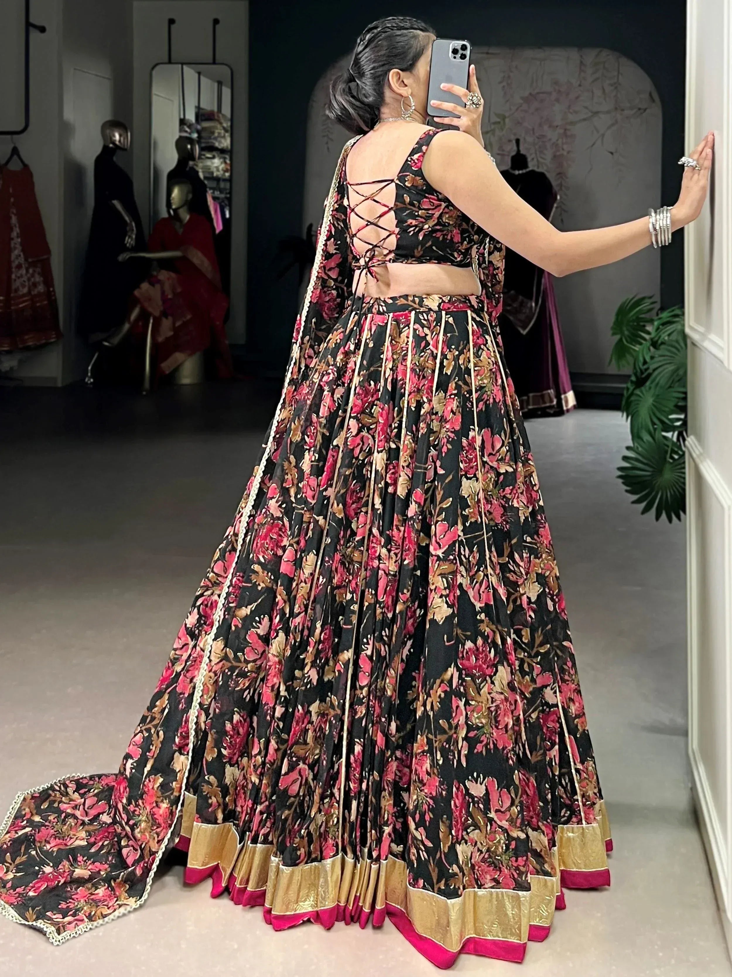 Precious Black Floral Printed Chiffon Wedding Wear Lehenga Choli