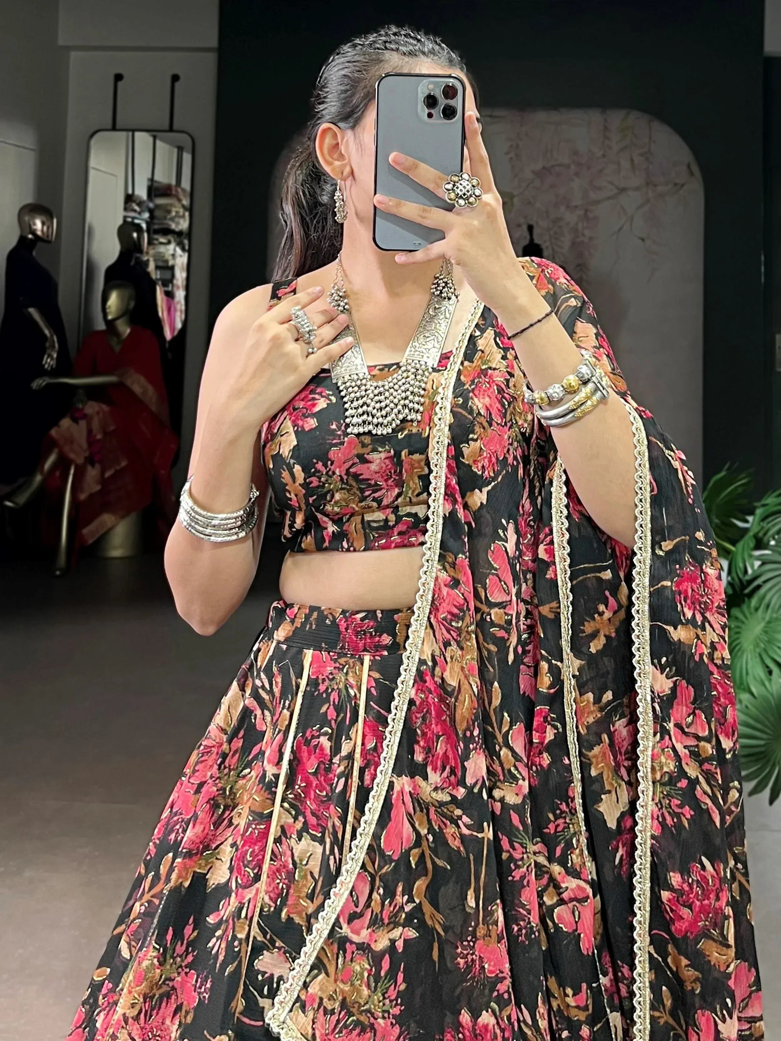 Precious Black Floral Printed Chiffon Wedding Wear Lehenga Choli