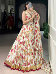 Enchanting Off-White Floral Printed Chiffon Festive Wear Lehenga Choli